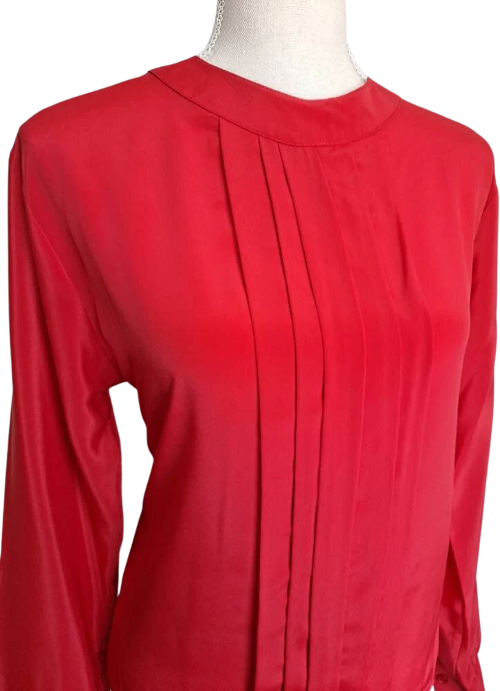 80s Red Front Pleat Long Sleeve Blouse By Glances