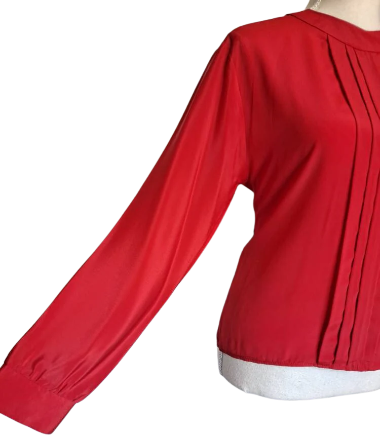 80s Red Front Pleat Long Sleeve Blouse By Glances - Image 4