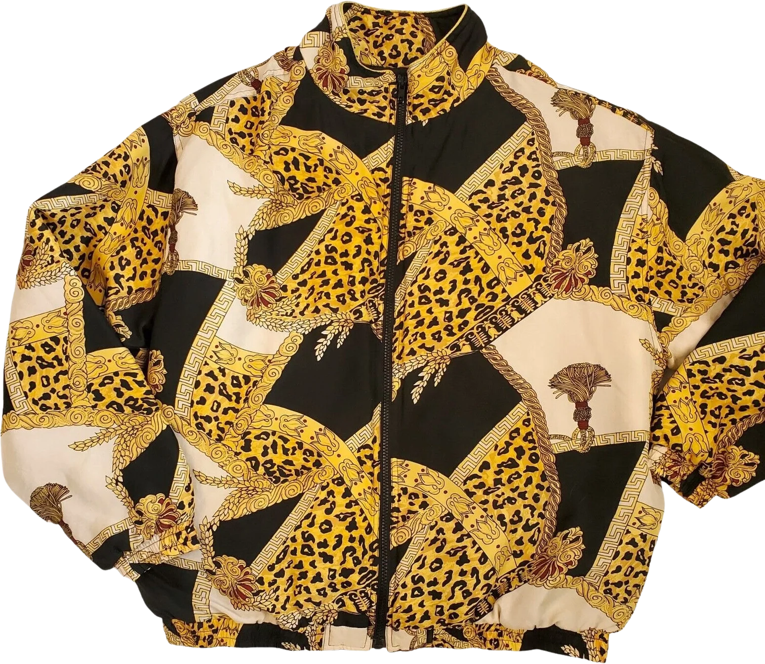 Vintage 80s Gold Chain and Leopard Print Silk Bomber Pockets Damask Sz Large