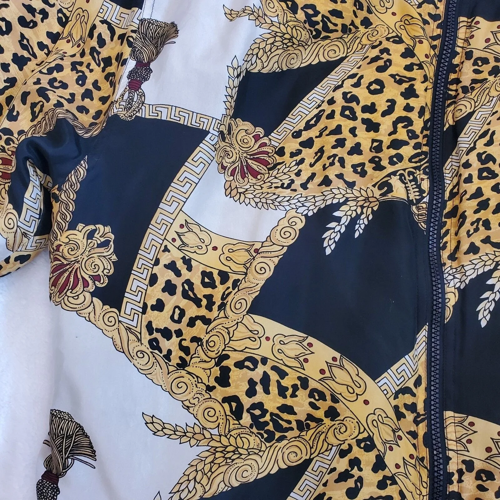 Vintage 80s Gold Chain and Leopard Print Silk Bomber Pockets Damask Sz Large - Image 7