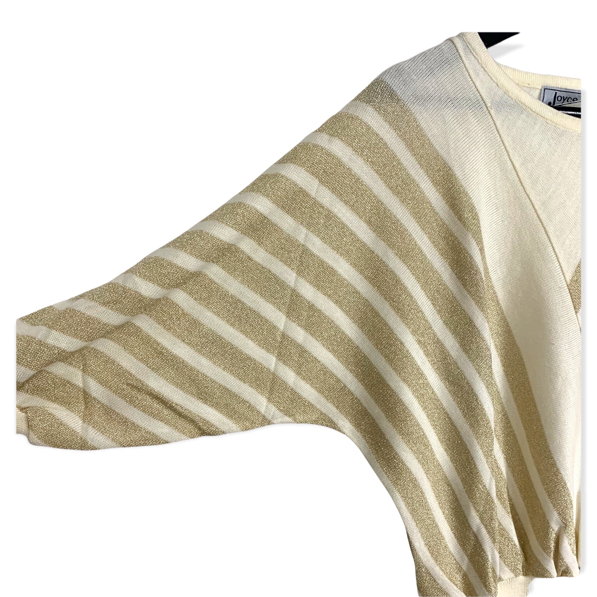 Vintage 80s Gold Cream Diagonal Stripe Dolman Sleeve Metallic Top Large by Joyce Sportswear - Image 2