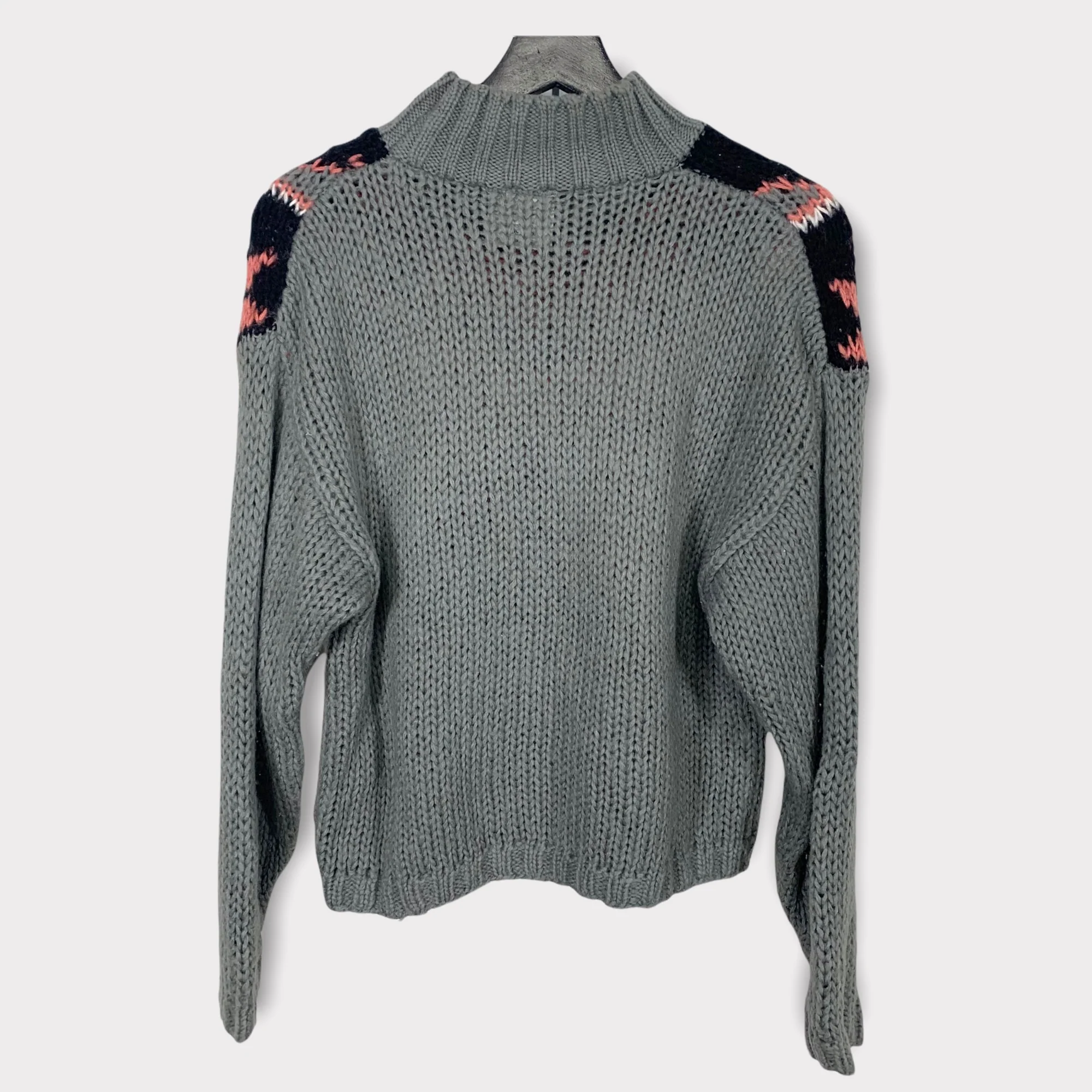 Vintage 80s Gray Pink Nordic Pattern Mock Neck Knit Sweater Medium - Image 2
