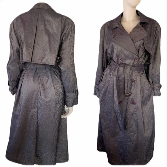 Vintage 80s Gray Trench Coat Tonal Floral Dark Gray by London Fog - Image 2