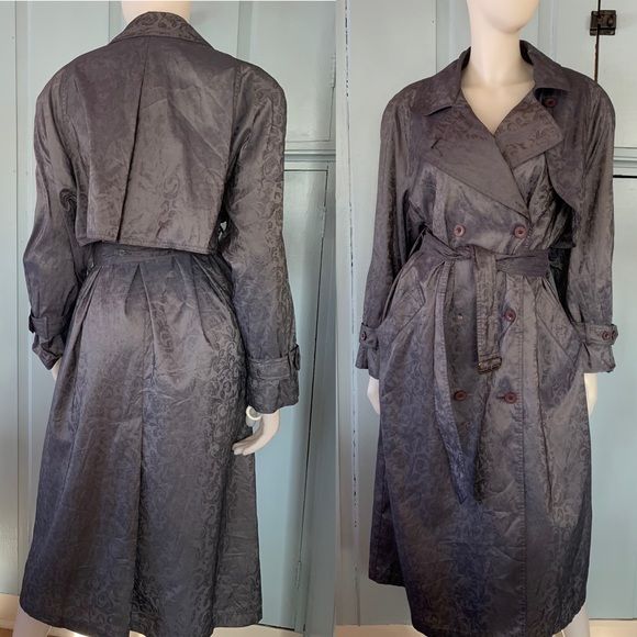 Vintage 80s Gray Trench Coat Tonal Floral Dark Gray by London Fog - Image 9