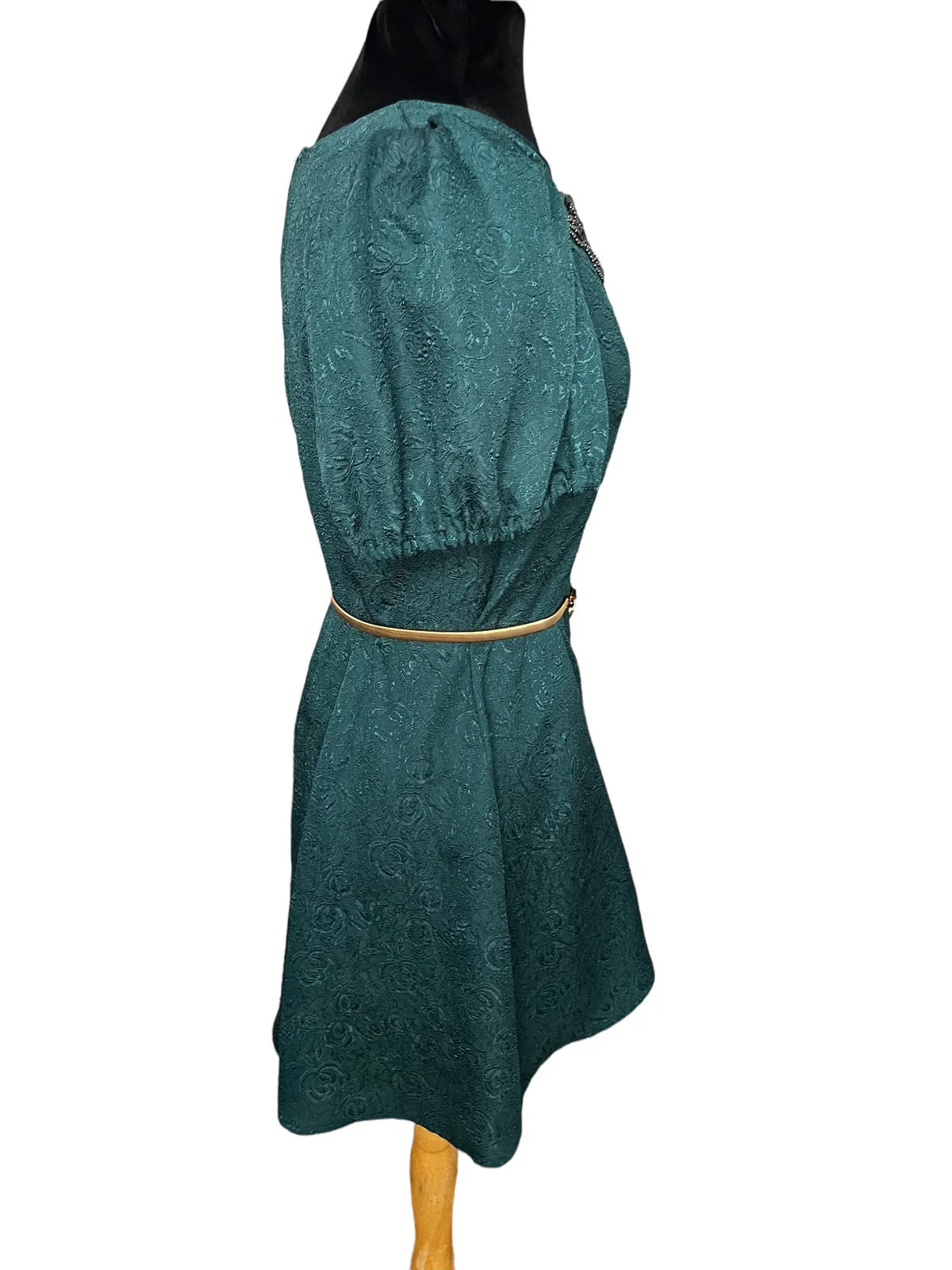 Vintage 80s Green Floral Bead Sequin Puff Short Sleeve Mini Dress Medium/large - Image 5