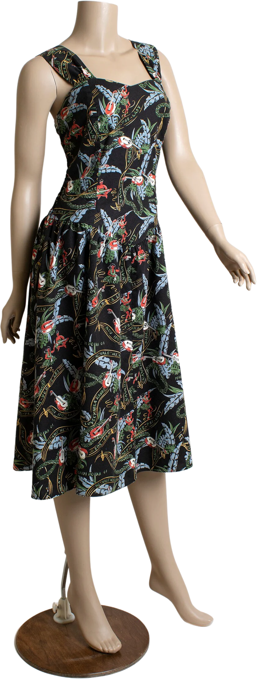 Vintage 80s Hawaiian Dress - Novelty Print Guitar Ukelele Palm Trees Hula Girls - Hilo Hattie - Smocked Back Sundress - Medium by Hilo Hattie