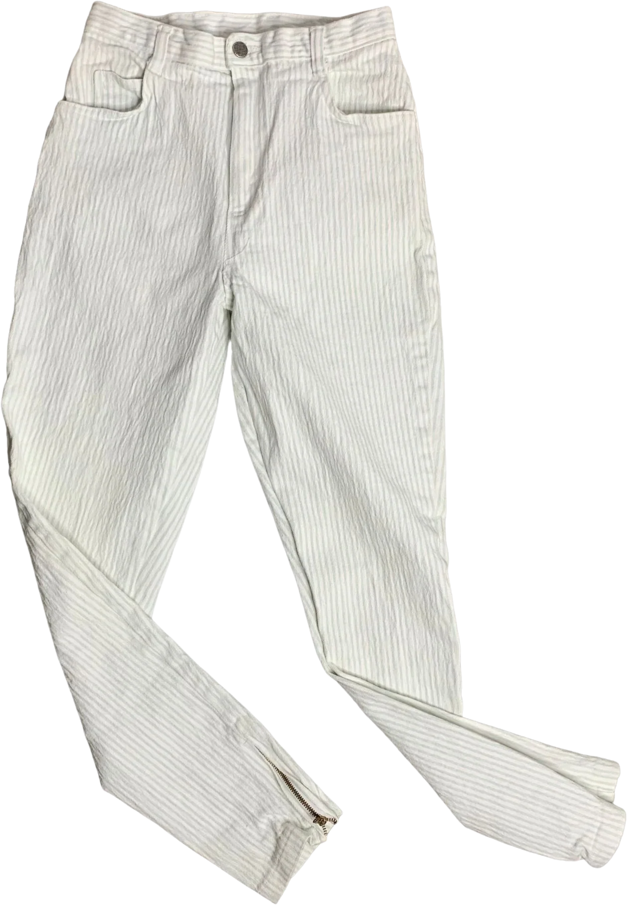Vintage 80s High Waisted Denim Jeans White Green Stripe Skinny Stretch Zip Ankle by First