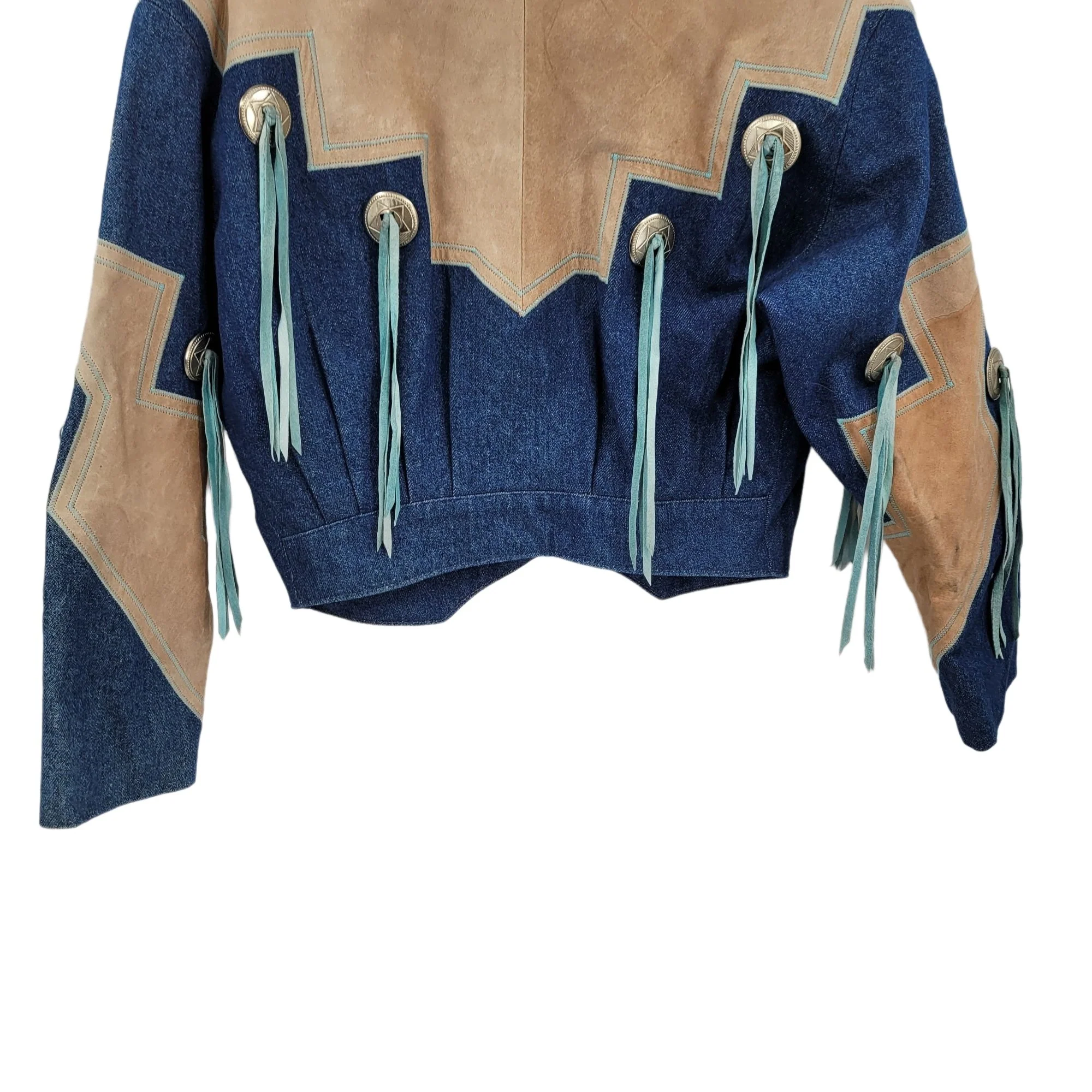 Vintage 80s Jacket Rodeo Country Western Leather Denim Conchos Fringe Blue Tan by Diamond Denim & Leather - Image 10