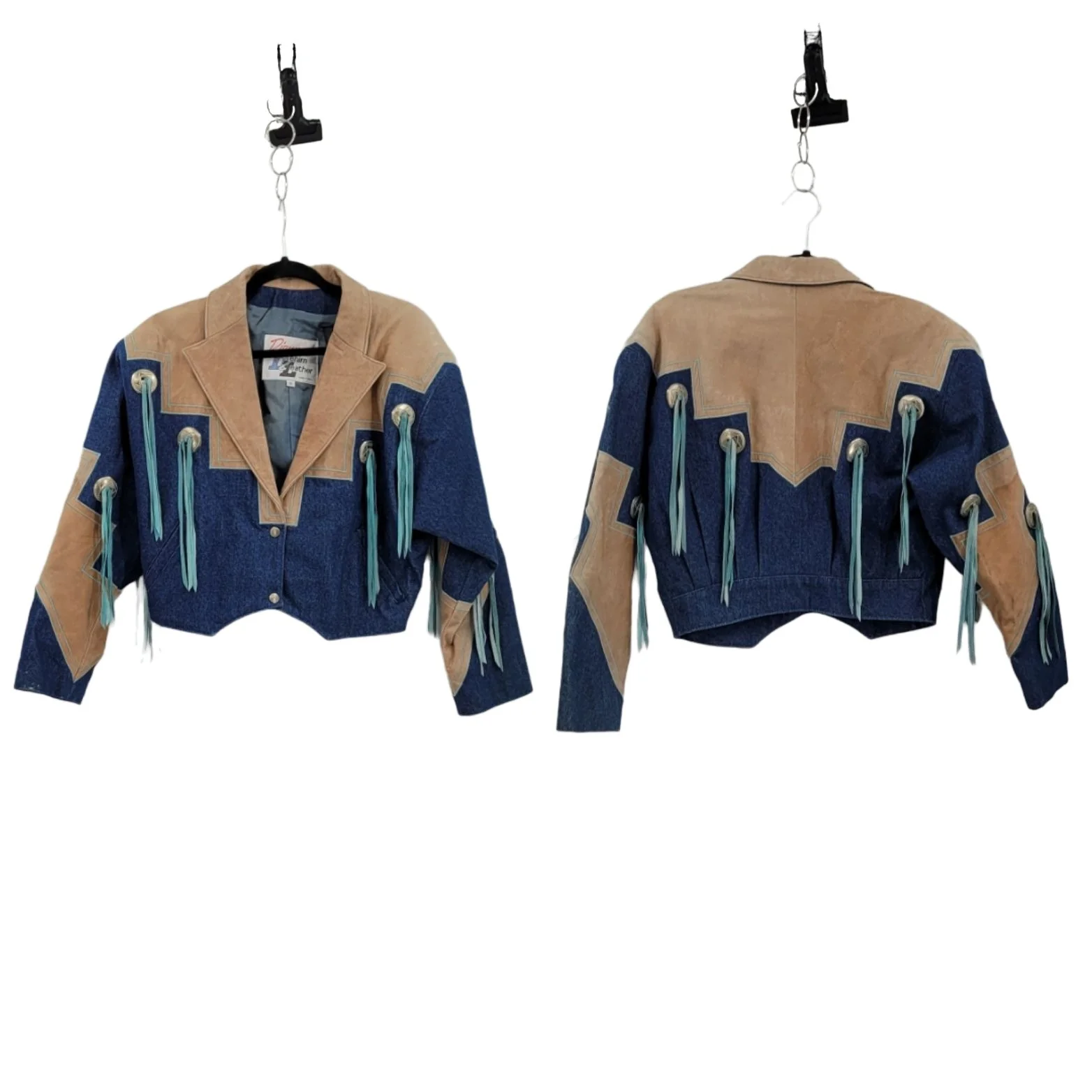 Vintage 80s Jacket Rodeo Country Western Leather Denim Conchos Fringe Blue Tan by Diamond Denim & Leather - Image 13