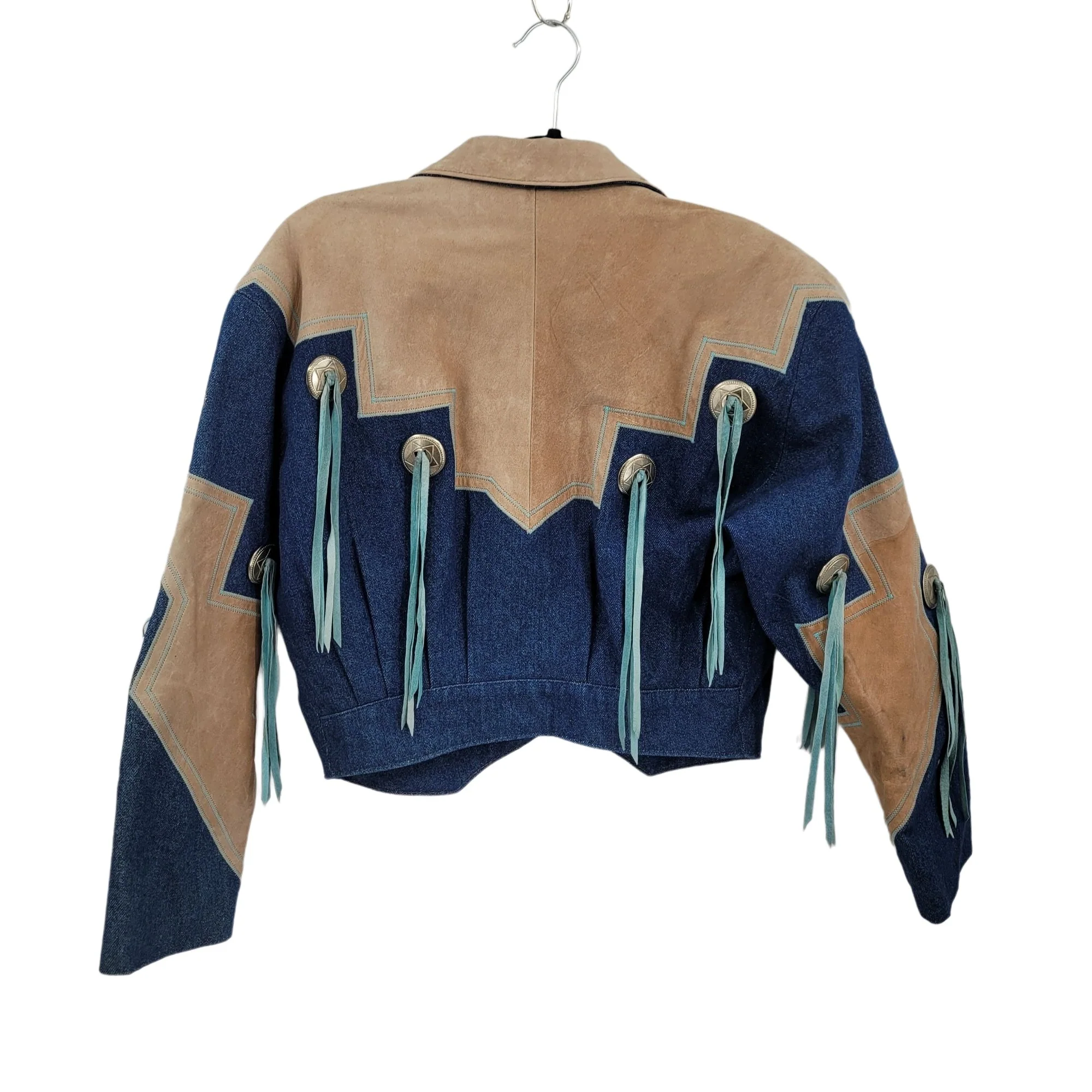 Vintage 80s Jacket Rodeo Country Western Leather Denim Conchos Fringe Blue Tan by Diamond Denim & Leather - Image 2