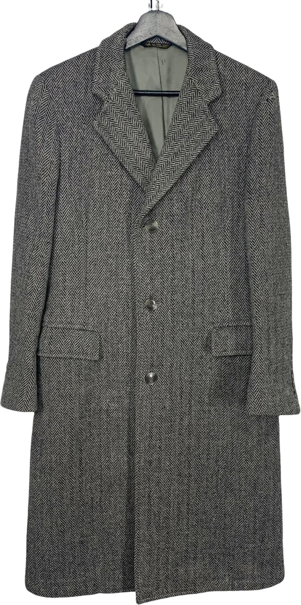 Vintage 80s Jason Gibbs Micro Herringbone Brown Black Triple Button Long Wool Coat by Jason Gibbs