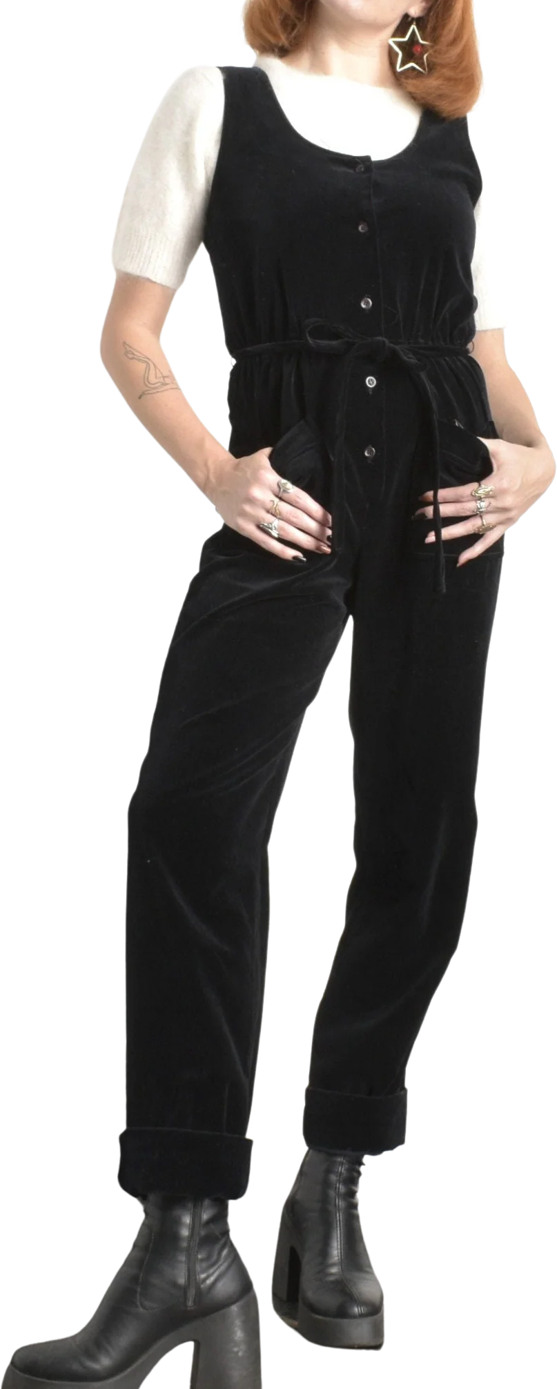 Vintage 80s Jumpsuit 80s Velvet Button Up One Piece Black Small S