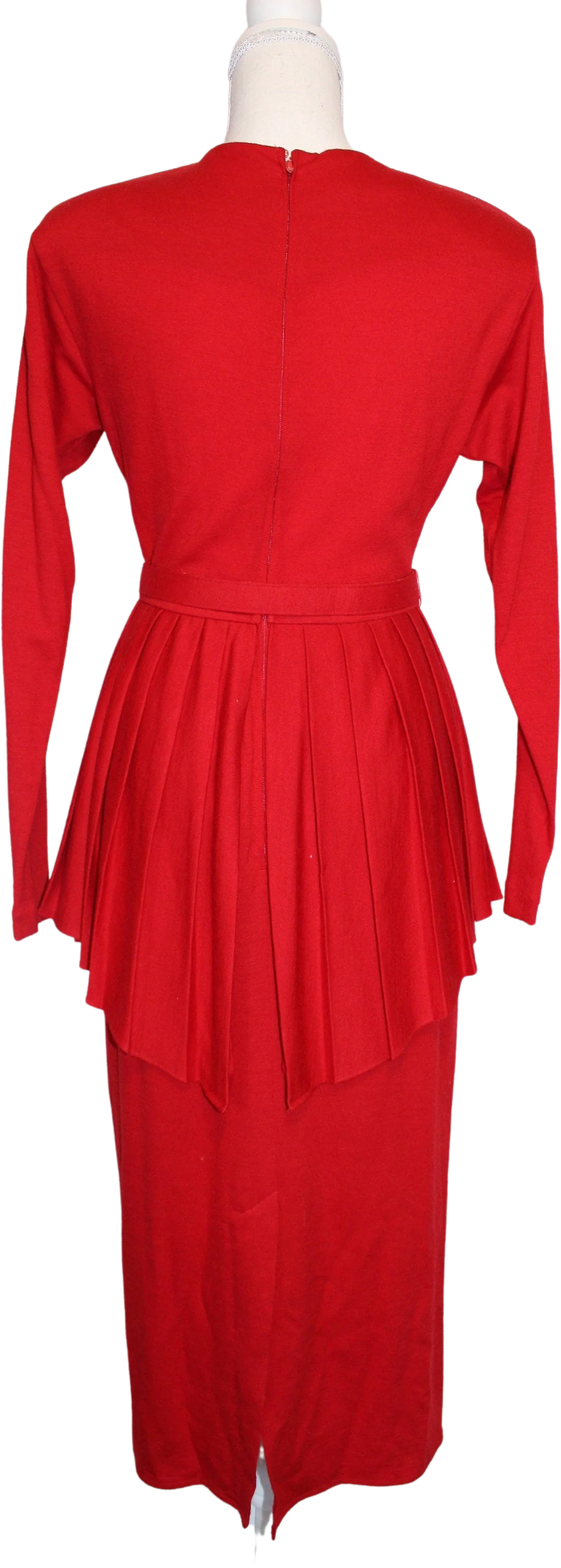 80s Vintage Red Wool Long Sleeve Peplum Dress By Kathryn Conover - Image 2