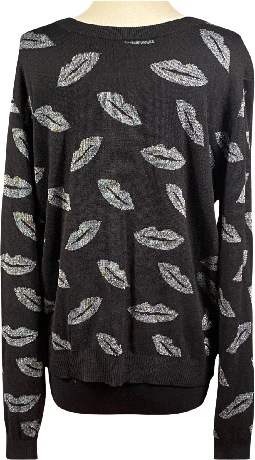 Vintage 80s Kisses Sweater 80s Metallic Lips Sweater Top 80s Size Large Knit Sweater, 80s Black and Silver Lips Sweater