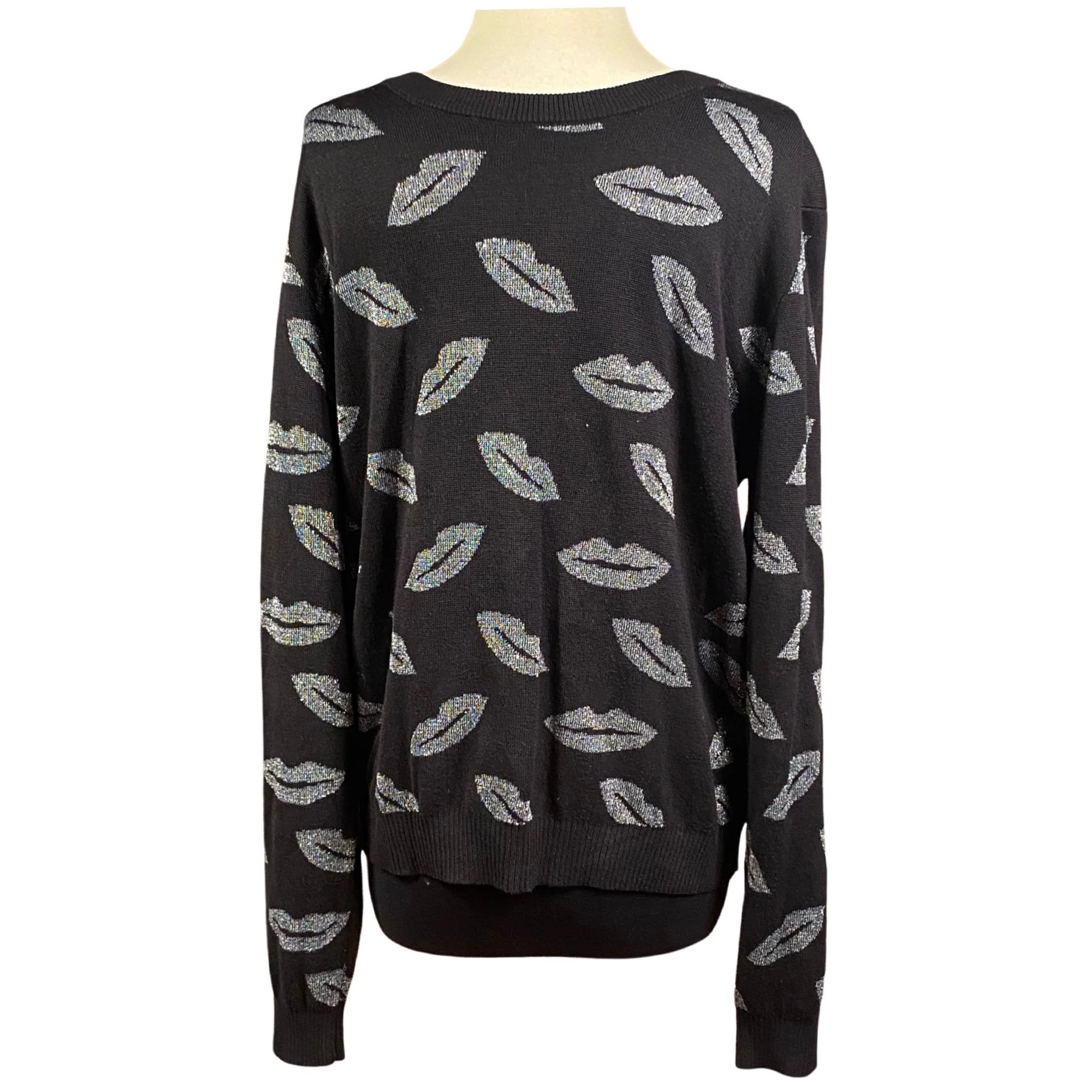 Vintage 80s Kisses Sweater 80s Metallic Lips Sweater Top 80s Size Large Knit Sweater, 80s Black and Silver Lips Sweater - Image 3