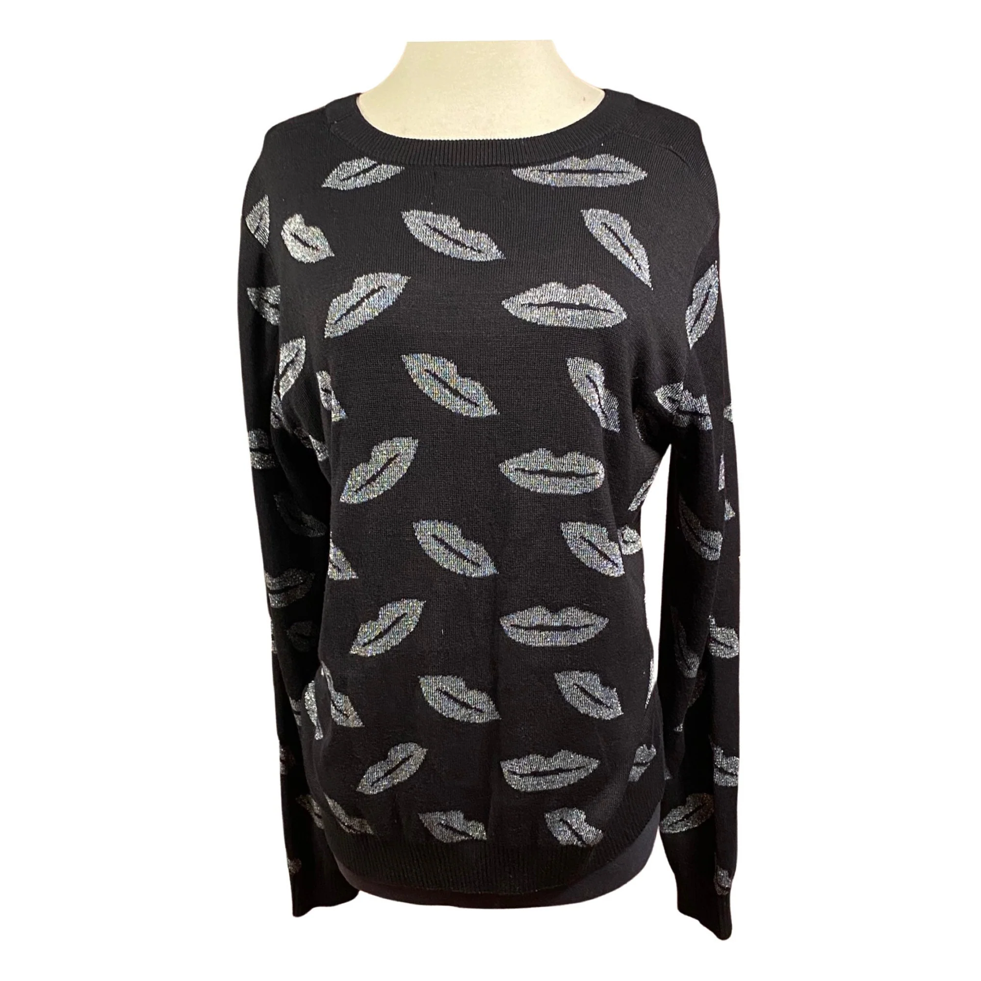 Vintage 80s Kisses Sweater 80s Metallic Lips Sweater Top 80s Size Large Knit Sweater, 80s Black and Silver Lips Sweater - Image 5