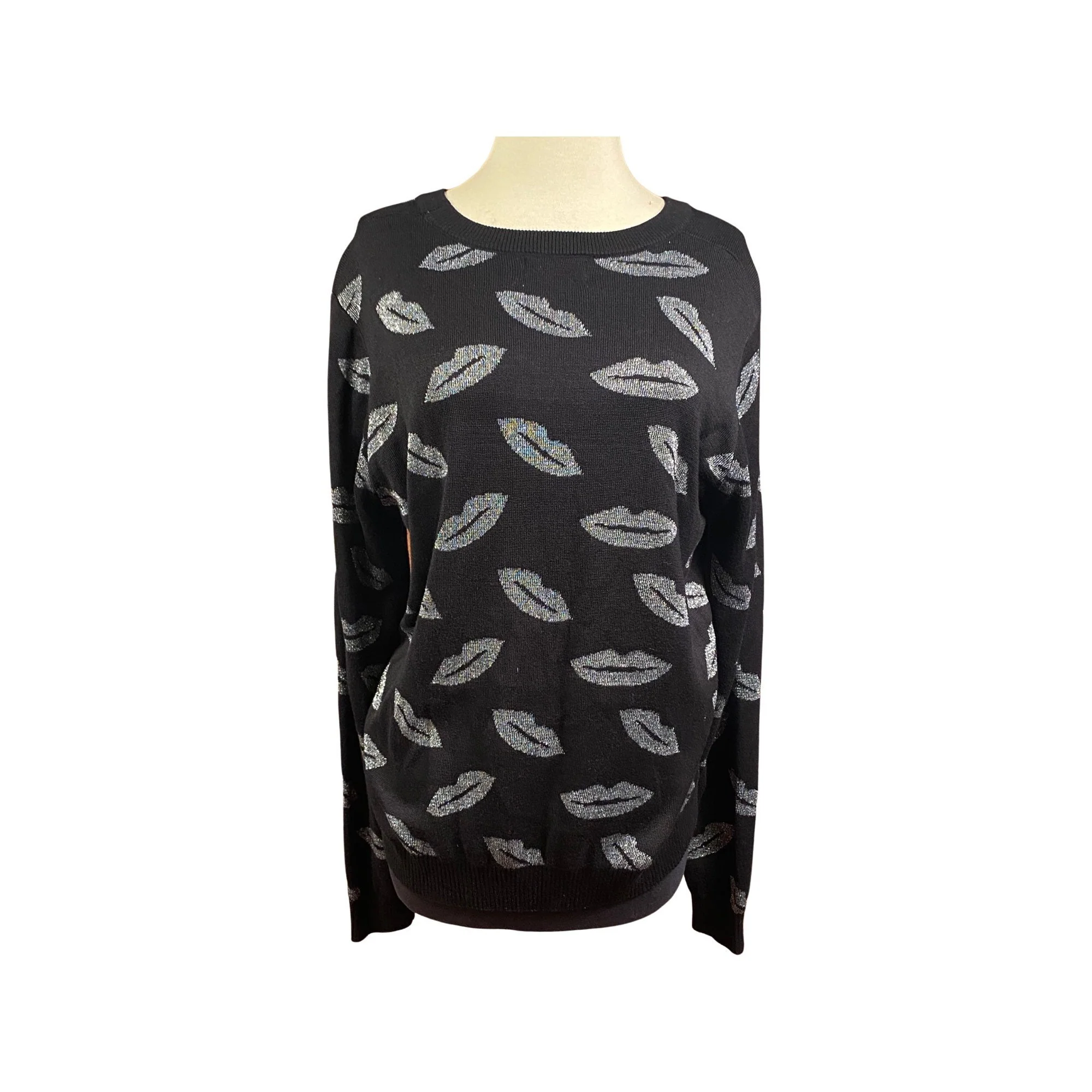 Vintage 80s Kisses Sweater 80s Metallic Lips Sweater Top 80s Size Large Knit Sweater, 80s Black and Silver Lips Sweater - Image 6
