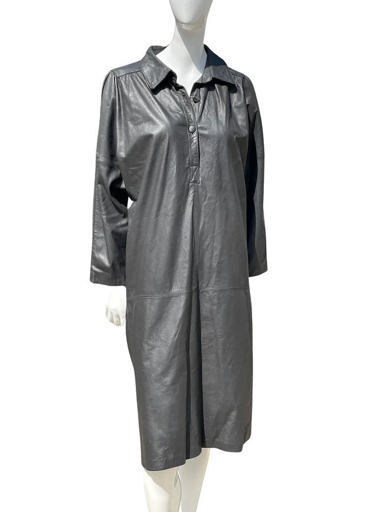 Vintage 80s Leather Dress Leather Loft Dark Gray Long Sleeves Leather Shirtdress Sm by Leather Loft - Image 4