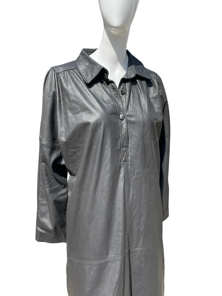 Vintage 80s Leather Dress Leather Loft Dark Gray Long Sleeves Leather Shirtdress Sm by Leather Loft - Image 7
