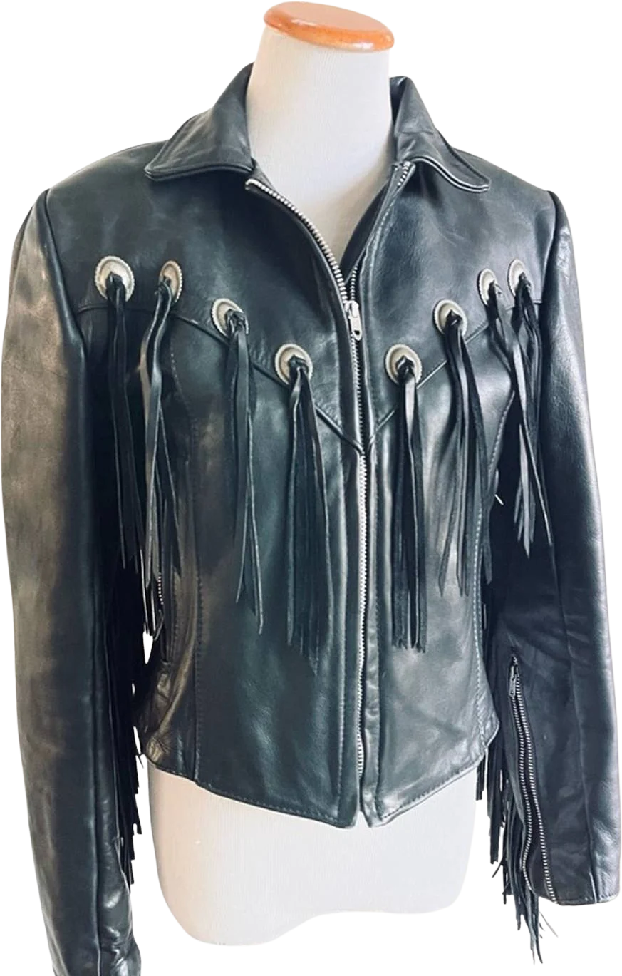 Vintage 80s Leather Jacket Western Fringe Conches Biker Black