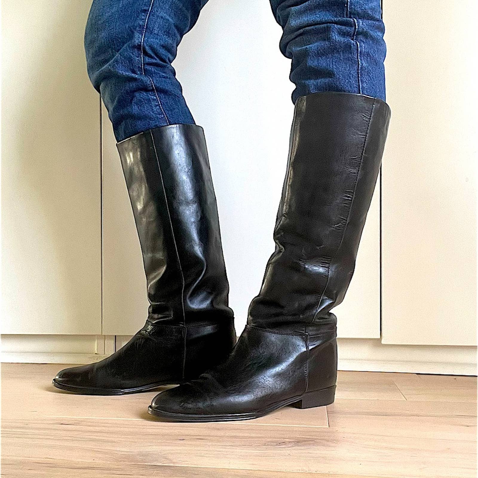 Vintage 80s Leather Riding Boot Size 9 Black Knee High Fall Boots Trending by Raphael Santini - Image 2