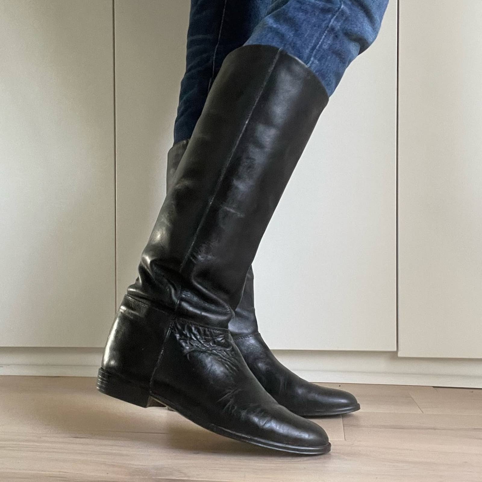 Vintage 80s Leather Riding Boot Size 9 Black Knee High Fall Boots Trending by Raphael Santini - Image 4
