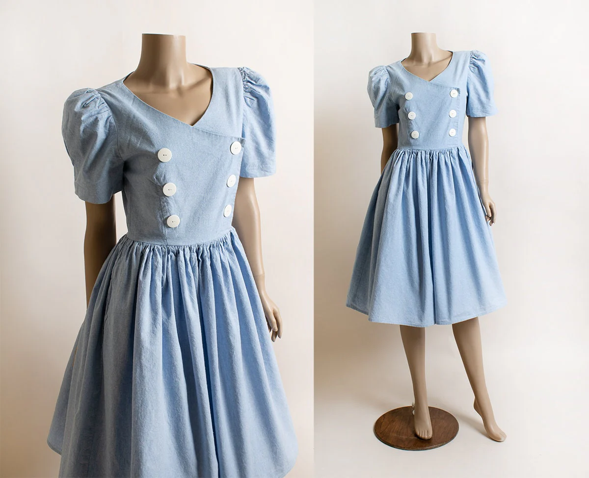 Vintage 80s Light Pastel Blue Puff Sleeve Double Breasted Button Full Skirt Dress by S.g.gilbert - Image 3