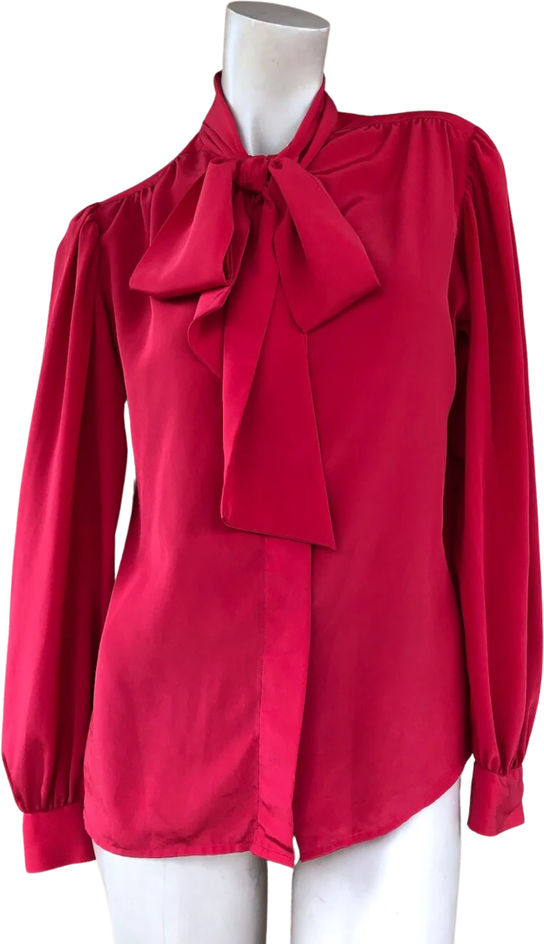 Vintage 80s Lipstick Red Blouse Secretary Style with Bow Sz S M by Regina Porter