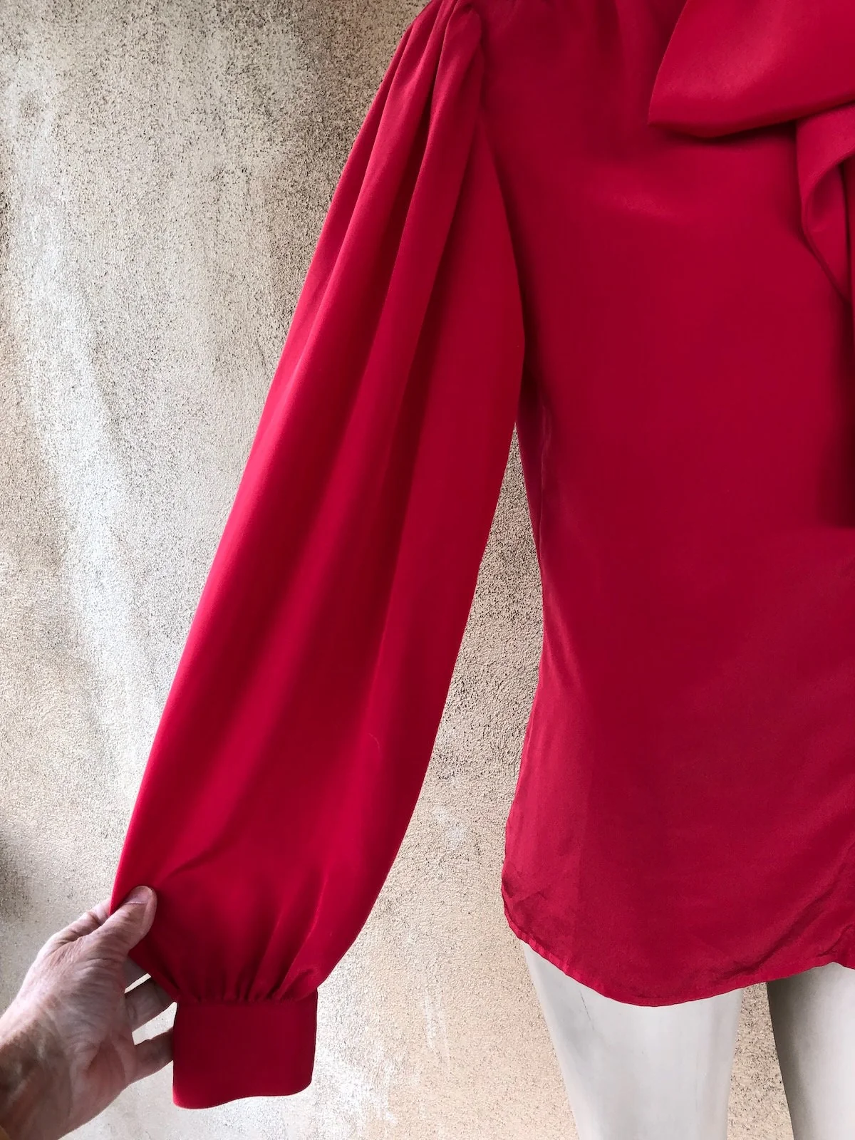 Vintage 80s Lipstick Red Blouse Secretary Style with Bow Sz S M by Regina Porter - Image 4