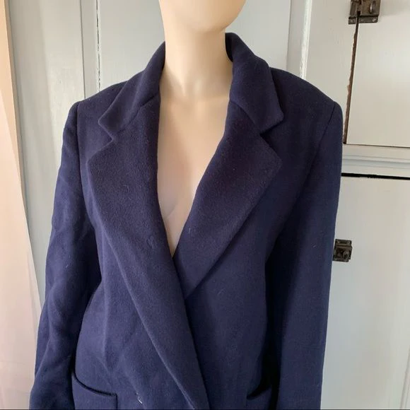 80s Vintage Long Wool Coat Navy Blue By Special Edition - Image 2