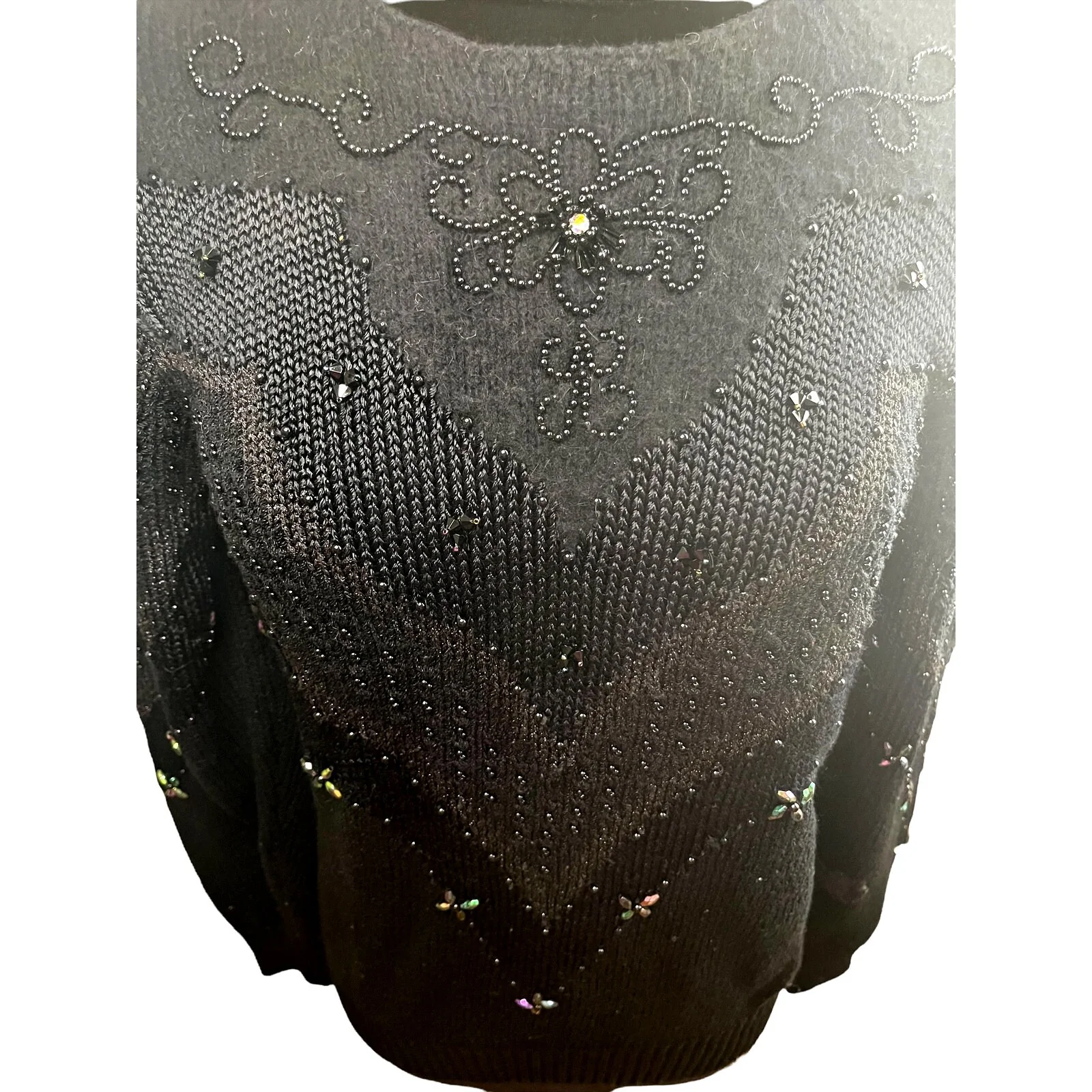 Vintage 80s Med/large Acrylic Black Knit Beaded Woven Grandma Sweater by Christine - Image 3