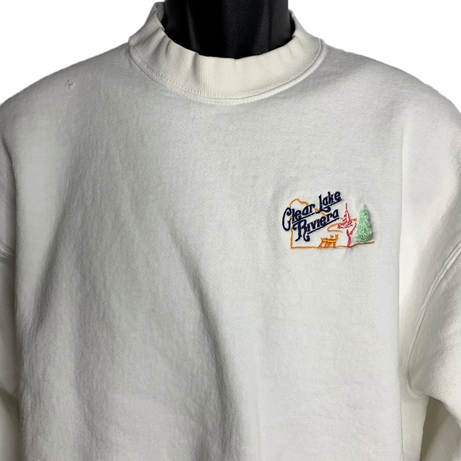 Vintage 80s Mens Clear Lake Riviera Sweatshirt Xl White Crewneck Embroidered by Fruit Of The Loom - Image 2