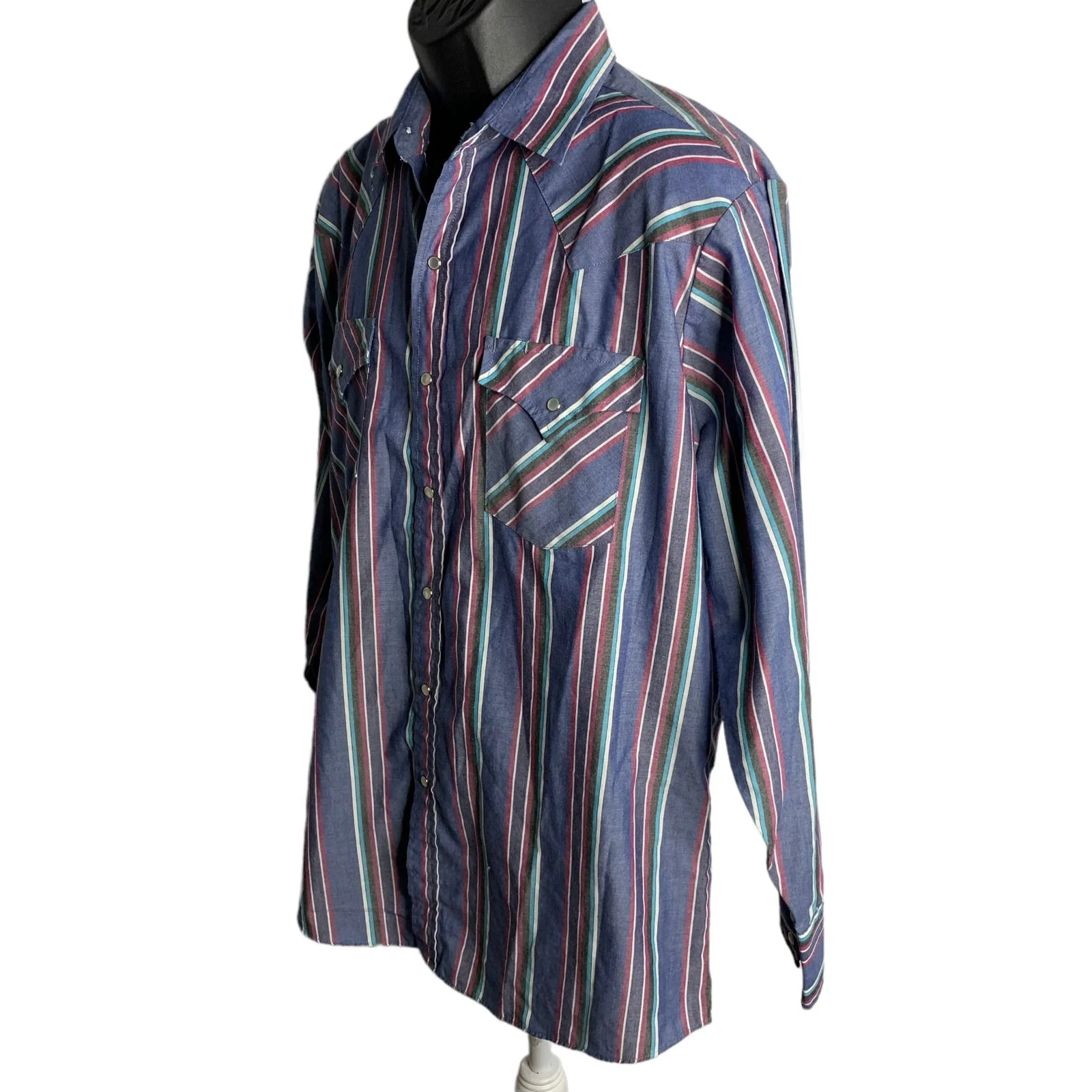 Vintage 80s Mens Ely Cattleman Western Shirt L Blue Striped Pearl Snaps Pockets by Ely Cattleman - Image 2