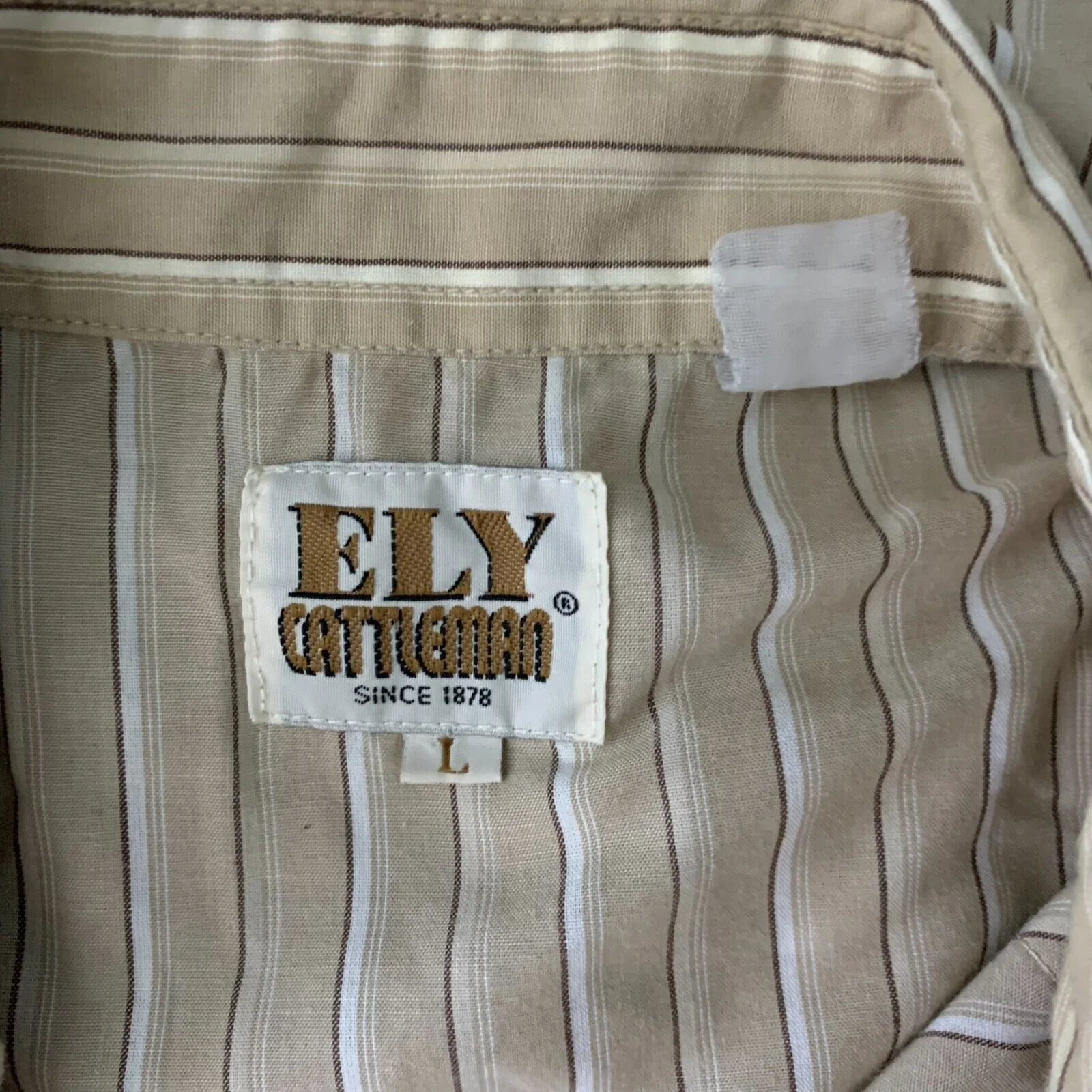 Vintage 80s Mens Ely Cattleman Western Shirt L Brown Striped Pearl Snaps Pockets by Ely Cattleman - Image 6