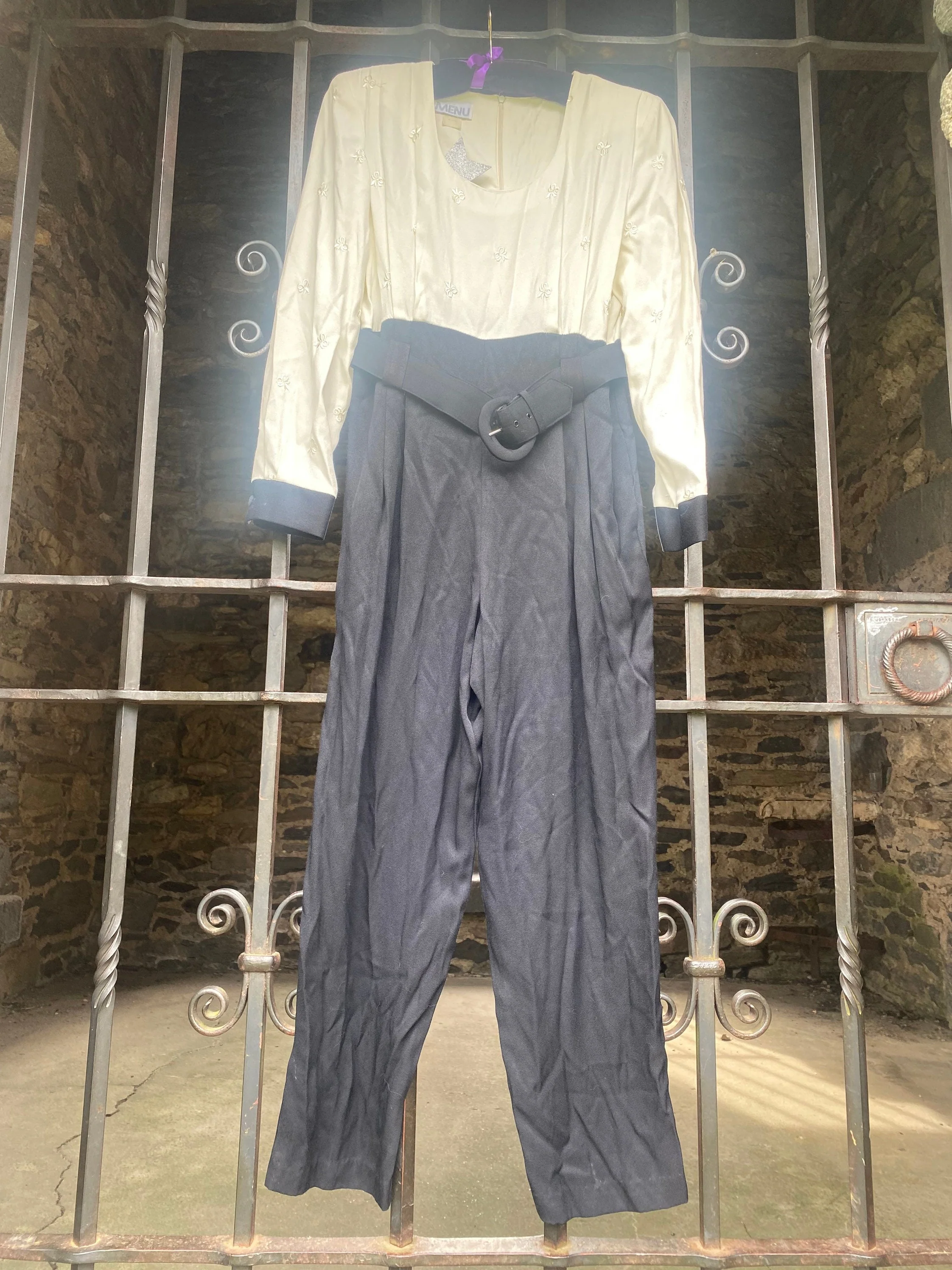 Vintage 80s Menu Usa Made Black and White Bow Pattern Belted Jumpsuit One Piece Size Medium - Image 2