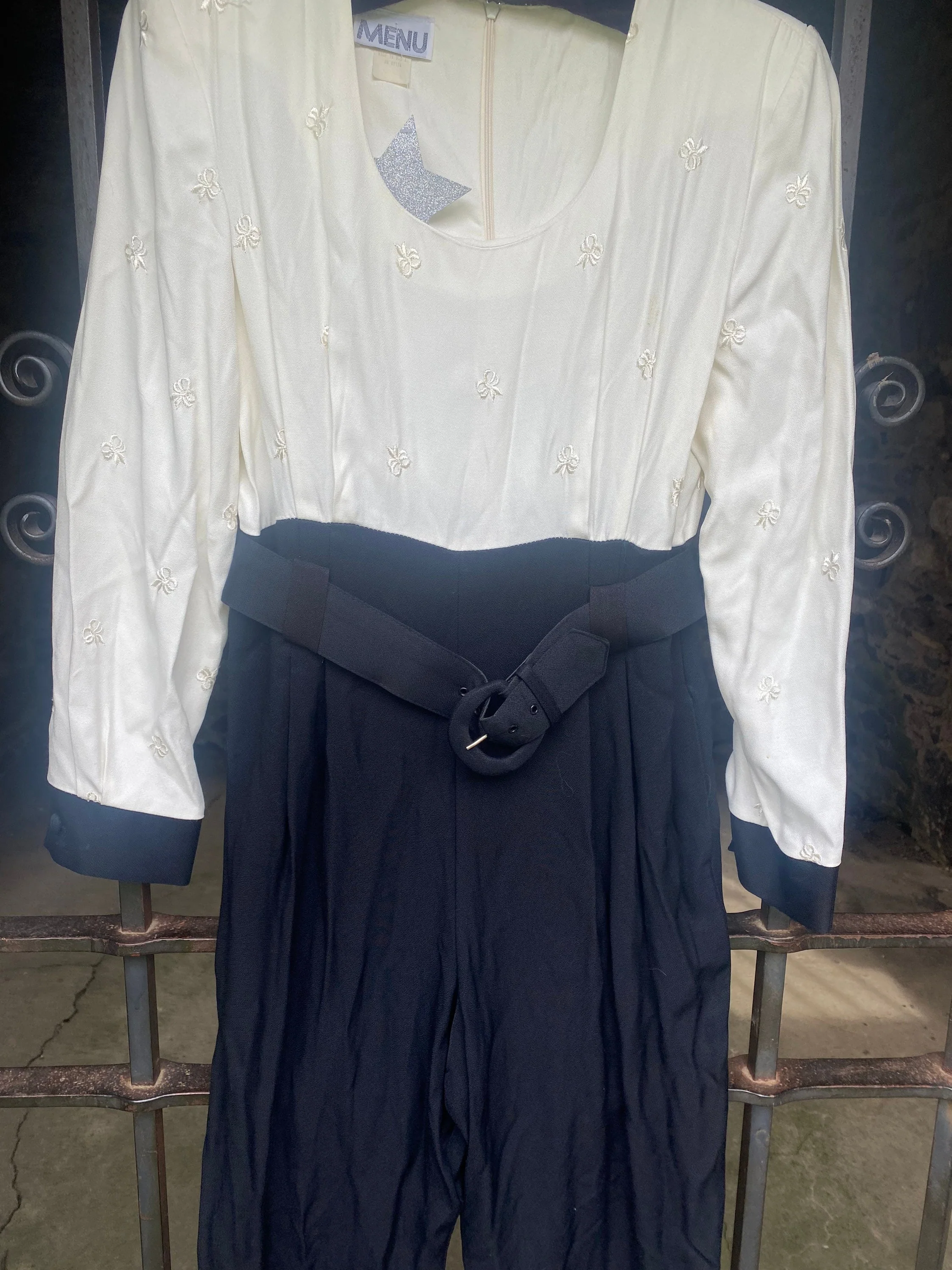 Vintage 80s Menu Usa Made Black and White Bow Pattern Belted Jumpsuit One Piece Size Medium - Image 3