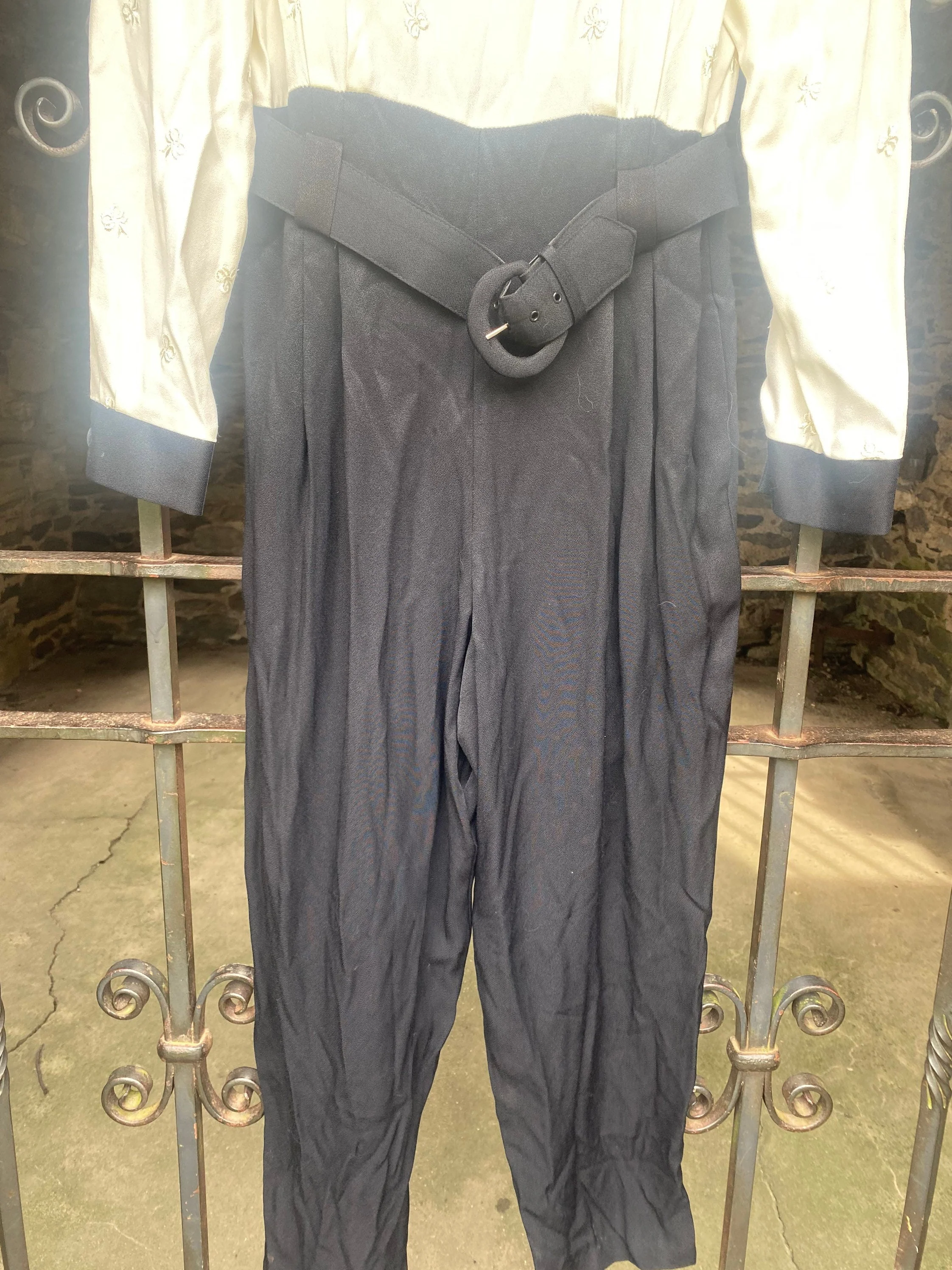Vintage 80s Menu Usa Made Black and White Bow Pattern Belted Jumpsuit One Piece Size Medium - Image 4