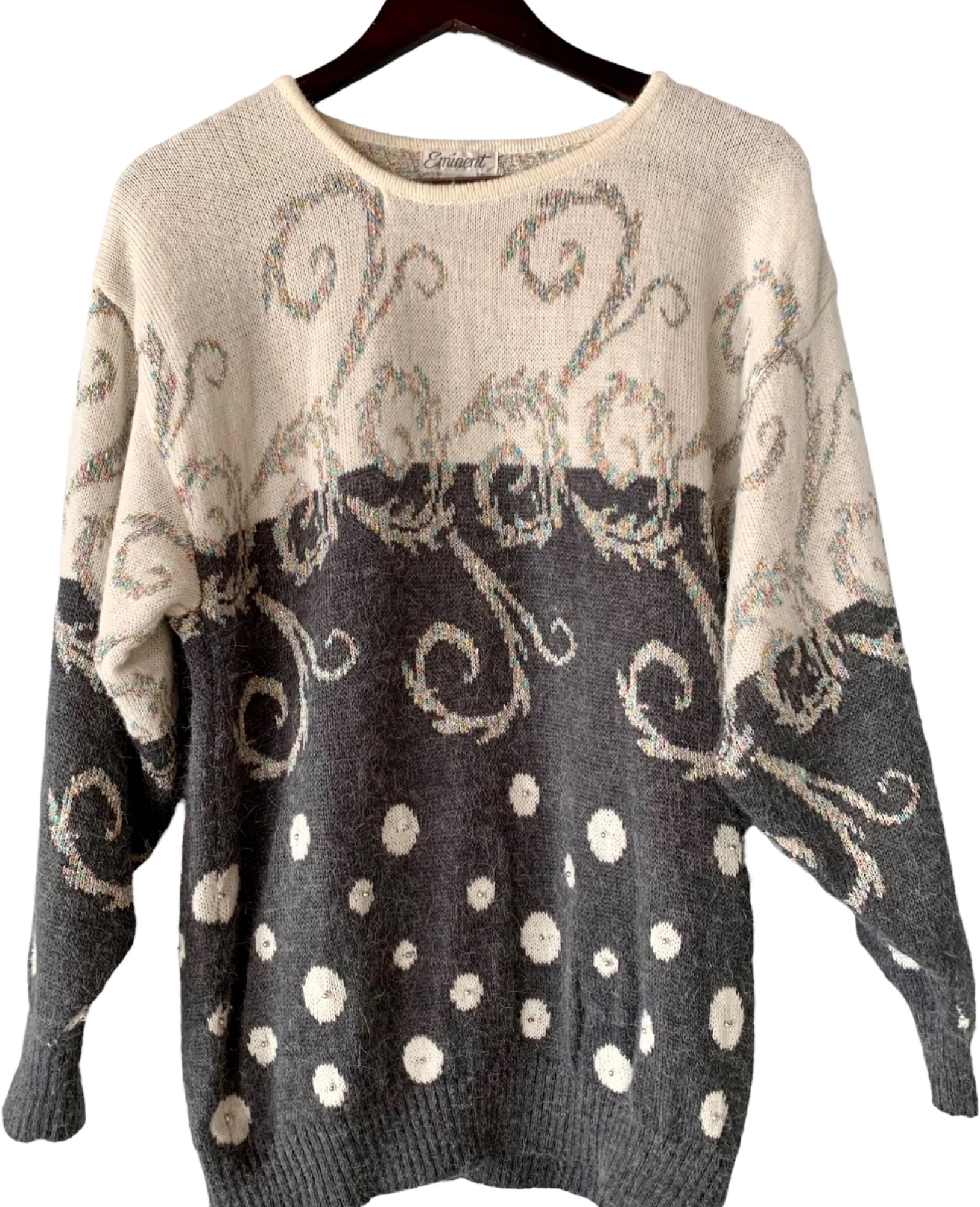 Vintage 80s Metallic and Silver Bead Sweater Medium Eminent Swirl Polka Dot Gray by Eminent