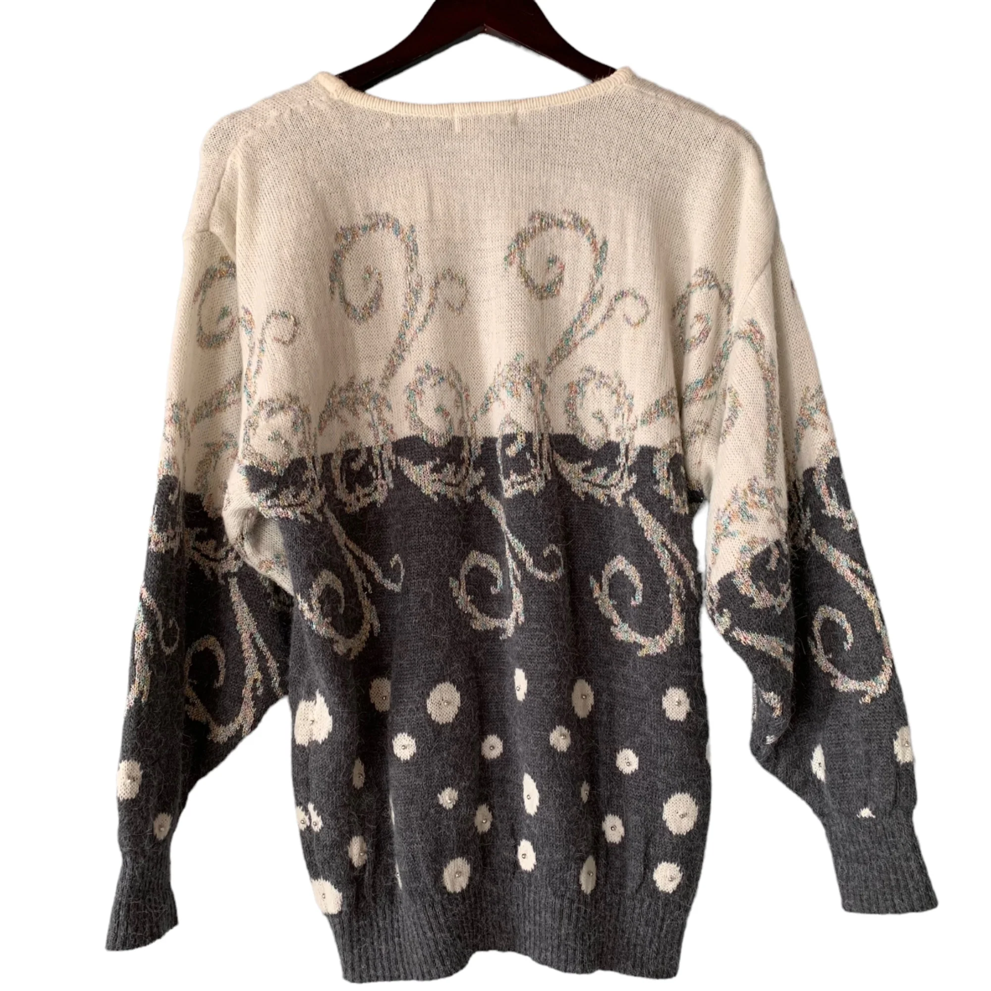 Vintage 80s Metallic and Silver Bead Sweater Medium Eminent Swirl Polka Dot Gray by Eminent - Image 2