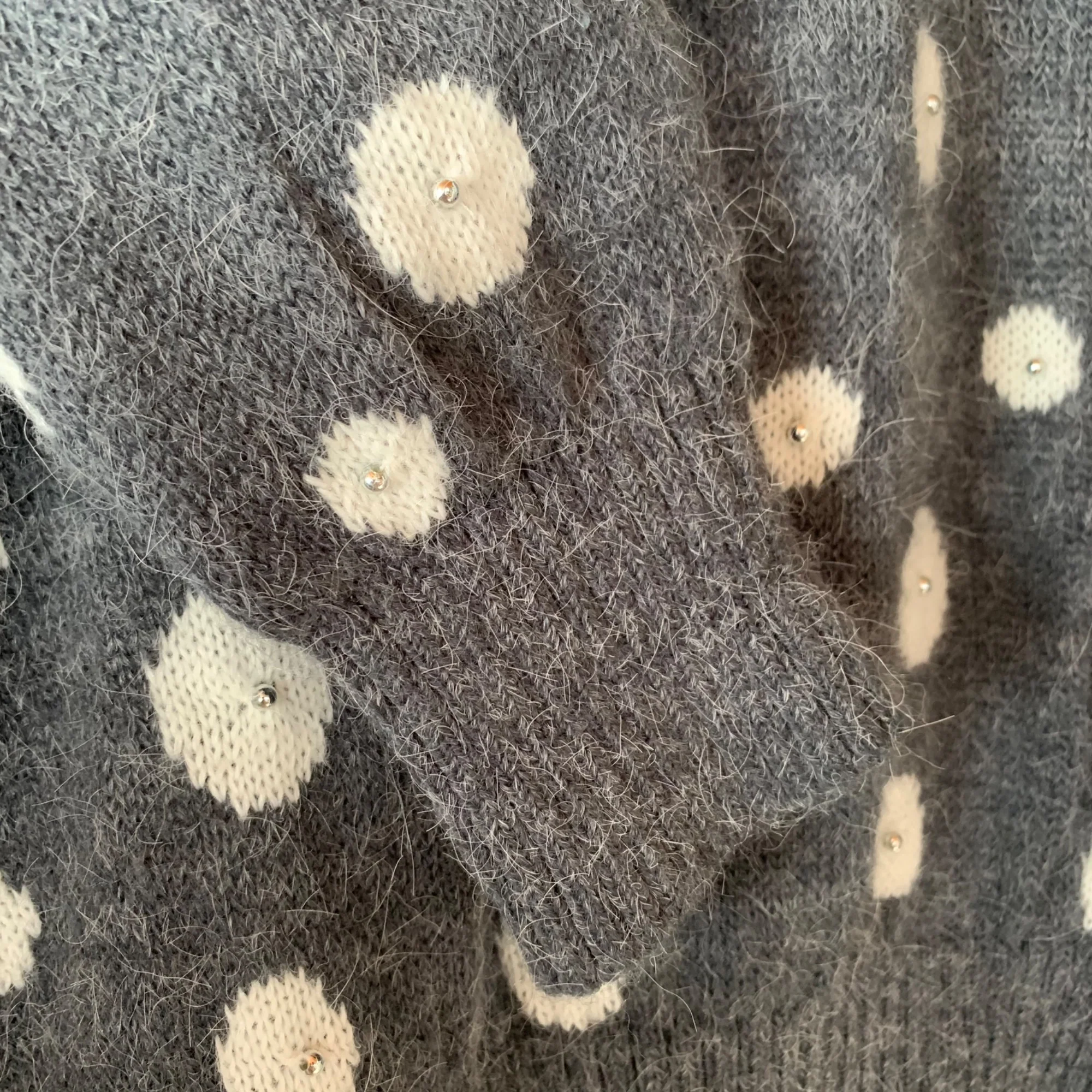 Vintage 80s Metallic and Silver Bead Sweater Medium Eminent Swirl Polka Dot Gray by Eminent - Image 3