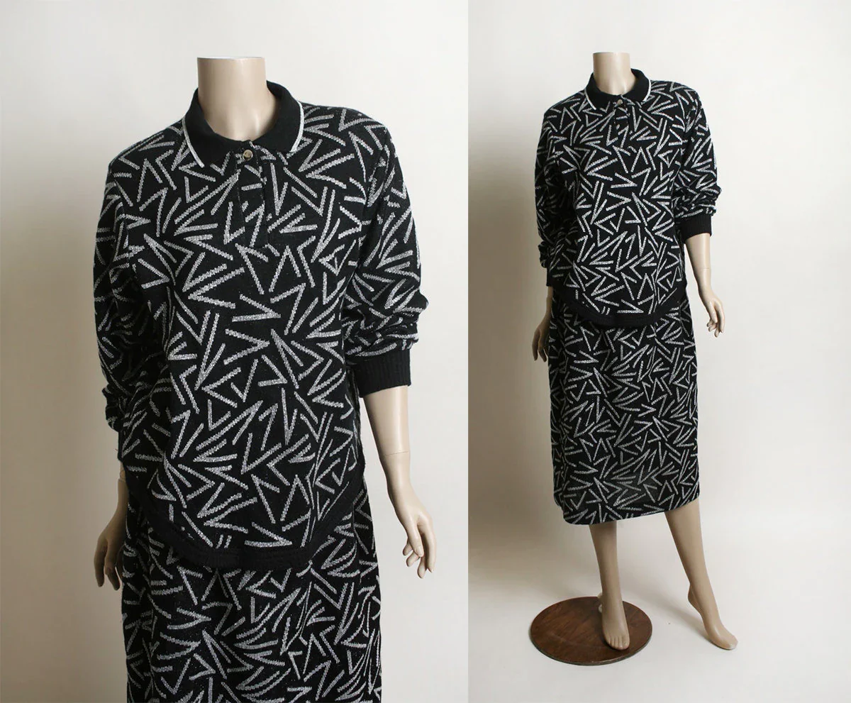 Vintage 80s Metallic Sweater and Skirt Knit Set Silver Sparkly Abstract Print Medium Large by Koret - Image 3