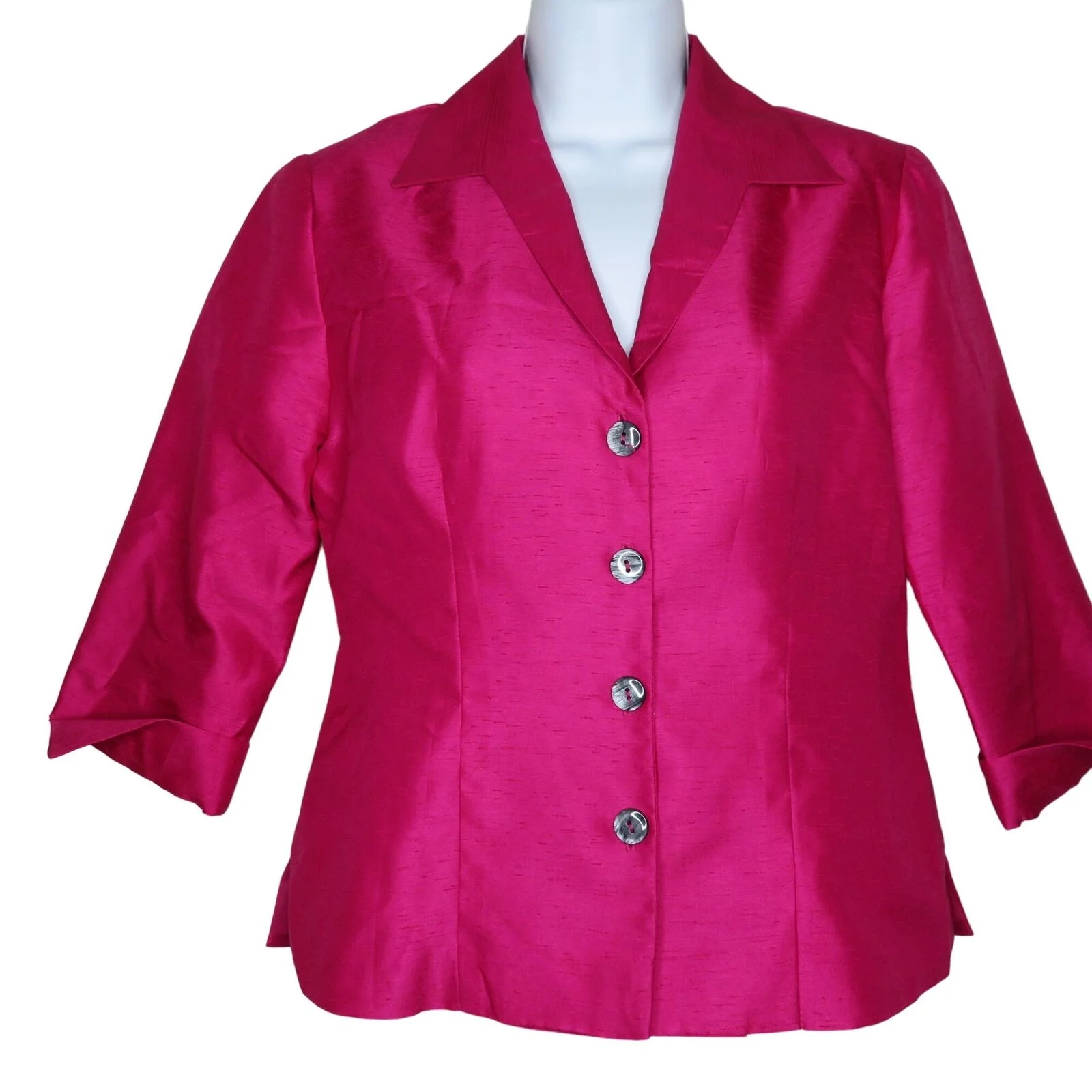 Vintage 80s Mod Blouse Jacket 4p Hot Pink Collar Quarter Length Sleeve Usa Made by Donna Ricco - Image 4