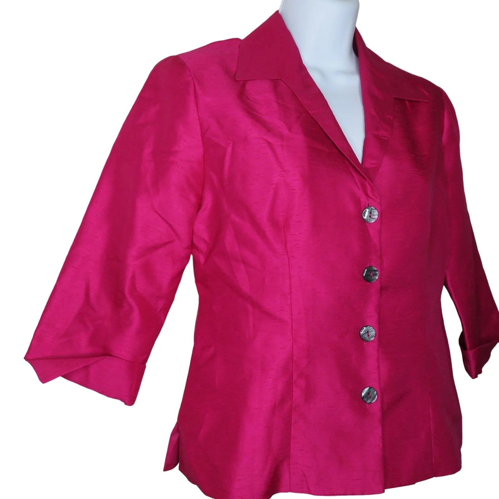 Vintage 80s Mod Blouse Jacket 4p Hot Pink Collar Quarter Length Sleeve Usa Made by Donna Ricco - Image 6
