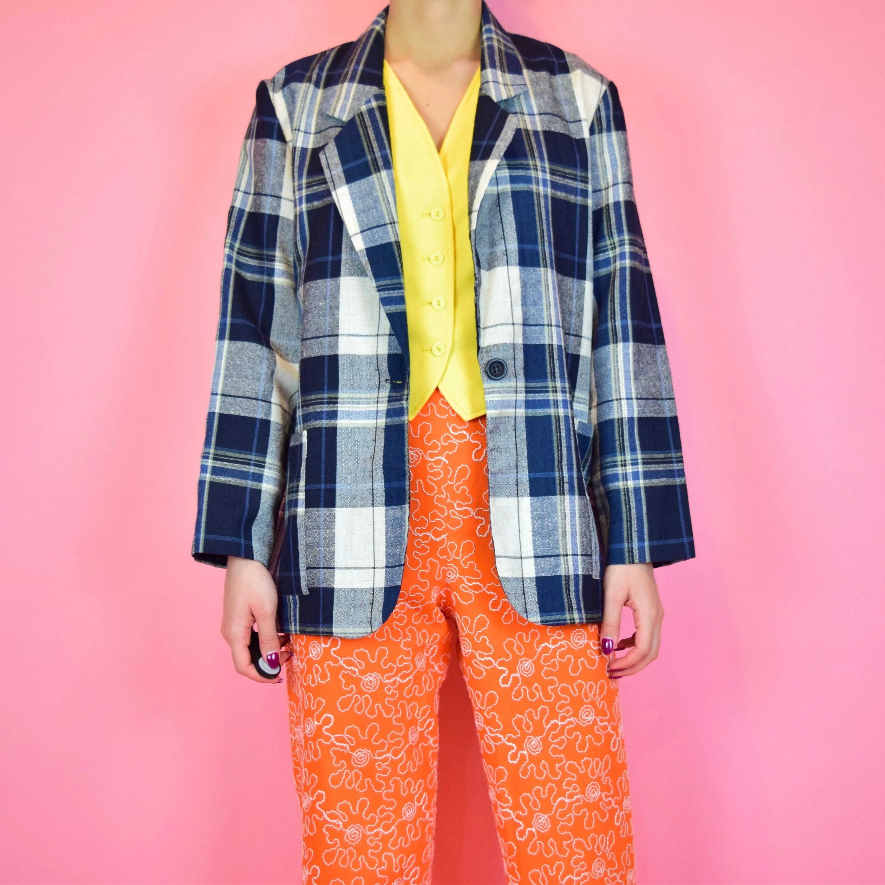 Vintage 80s Navy Blue White Plaid Blazer Jacket by Nycc New York Clothing Co. Petites - Image 2