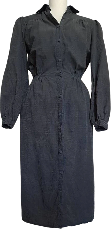 80s Navy Long Sleeve 100% Silk Shirt Dress By Silk Dragon