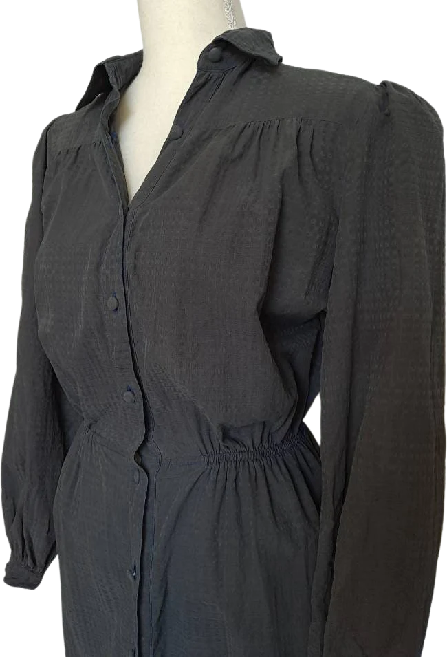 80s Navy Long Sleeve 100% Silk Shirt Dress By Silk Dragon - Image 6