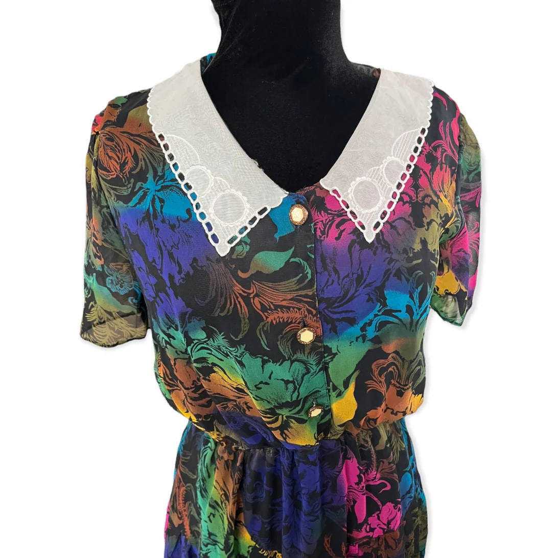 Vintage 80s Neon Rainbow Lace Collar Twee Dress Med/large Fall Cottage by Korrigan - Image 3