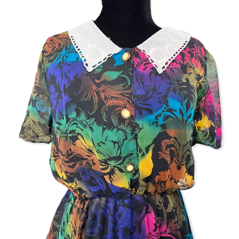 Vintage 80s Neon Rainbow Lace Collar Twee Dress Med/large Fall Cottage by Korrigan - Image 4