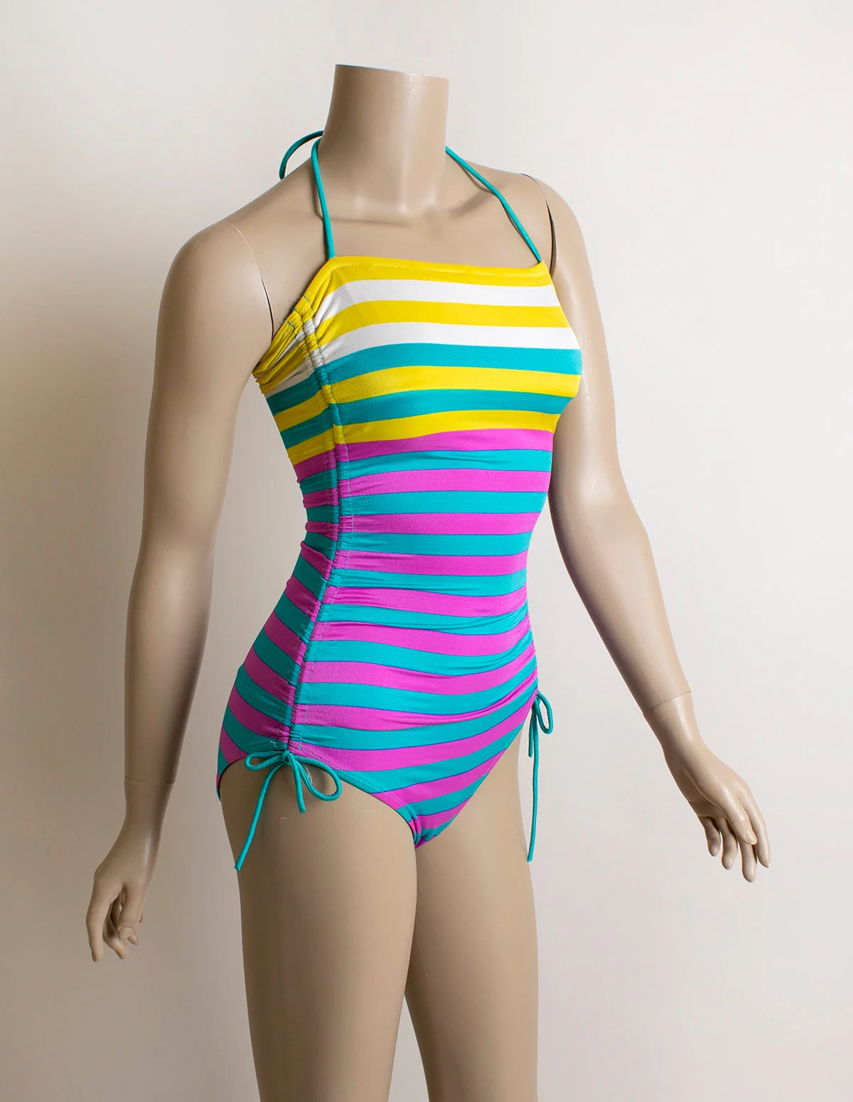 Vintage 80s Neon Striped Ombre Bathing Suit - Halter Tie Or Strapless - Image 2