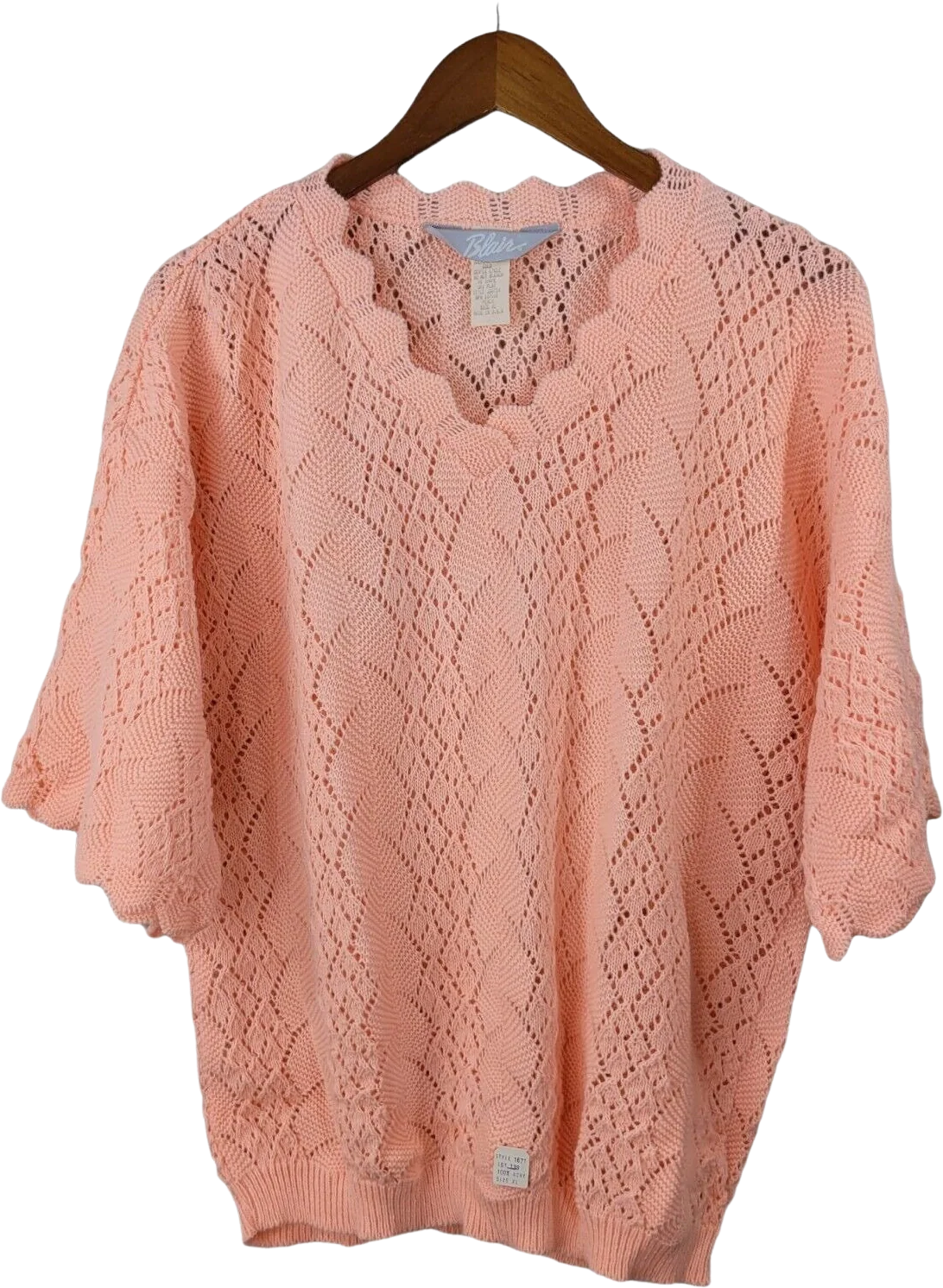 Vintage 80s New Size Xl Open Knit Crochet Pullover Sweater Pink Dead Stock by Blair